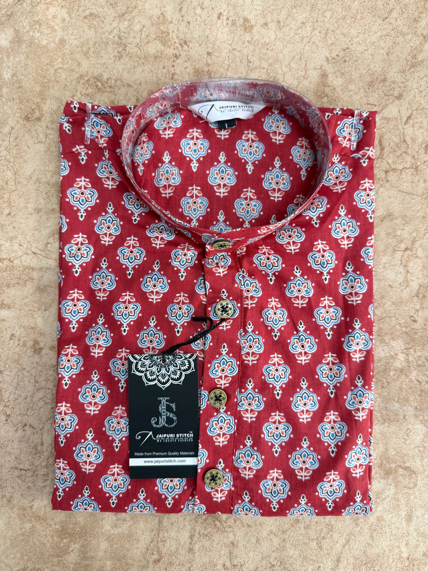 Red White Floral Printed Men's Full Sleeves Cotton Long Kurta