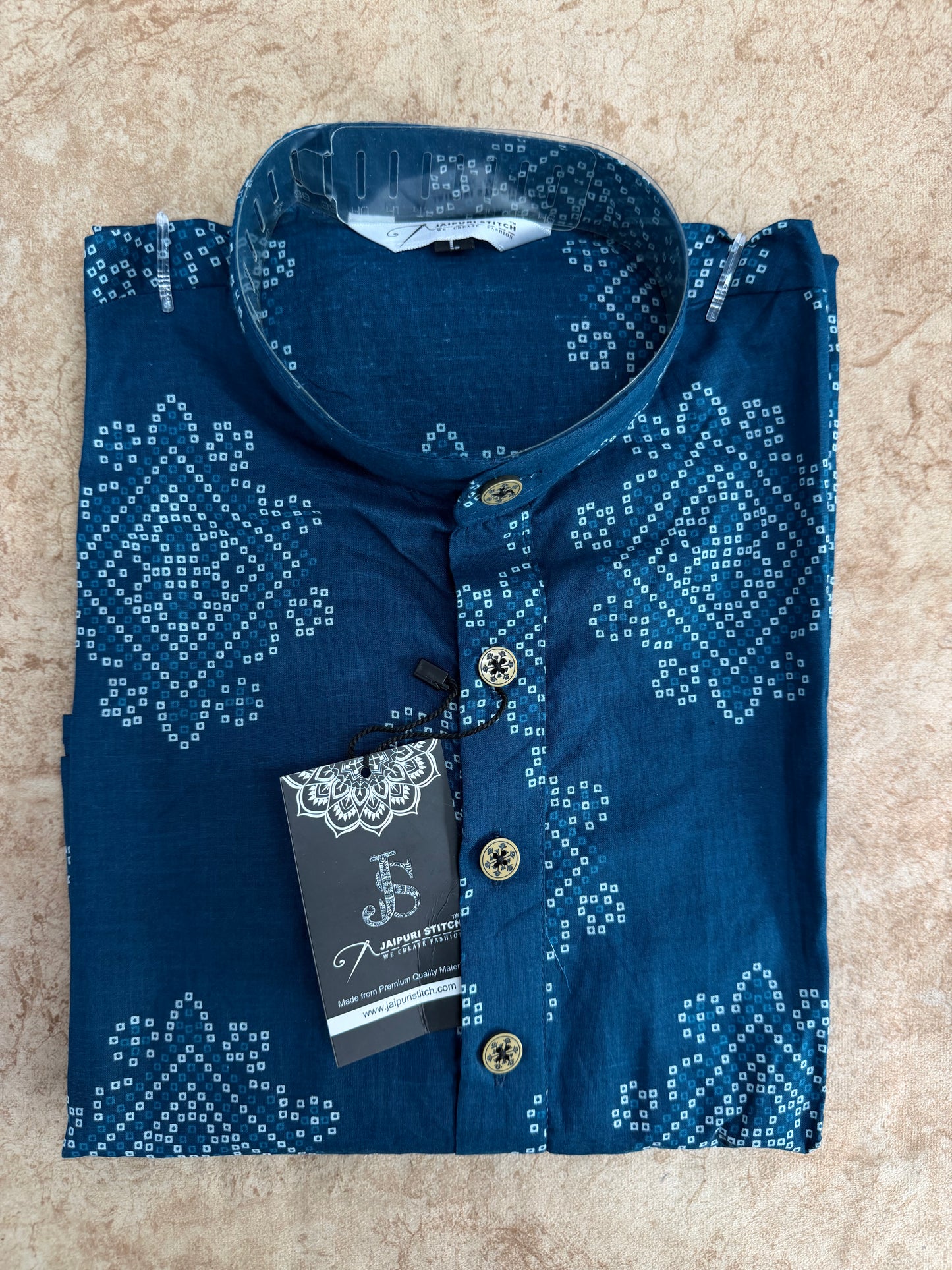 Teal Blue Bandhani Printed Men's Full Sleeves Cotton Long Kurta