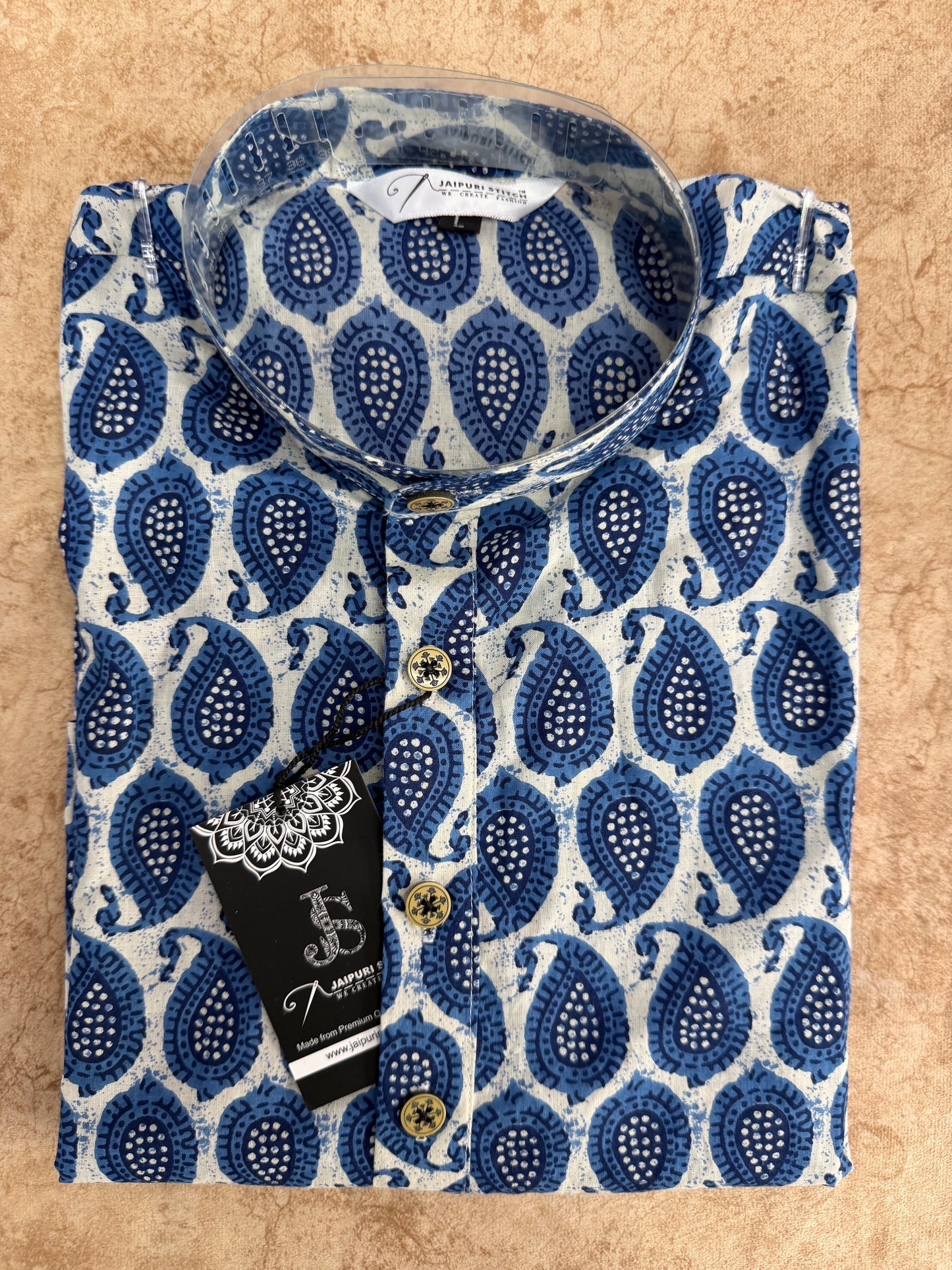 White Blue Paisley Printed Men's Full Sleeves Cotton Long Kurta