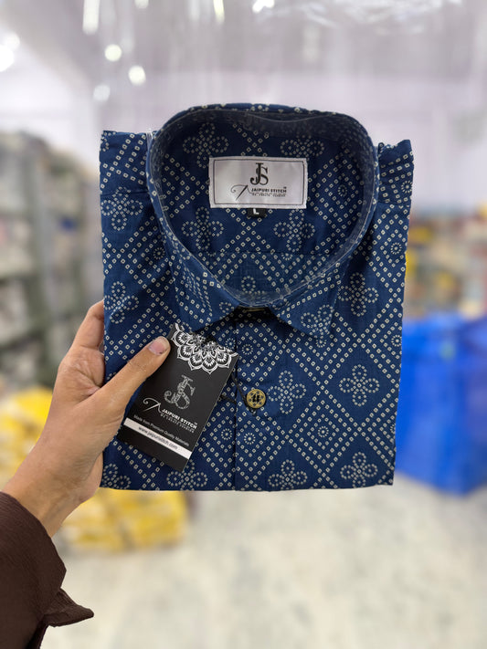 Indigo Blue Barfi Bandhej Printed Half Sleeves Cotton Shirt for Men