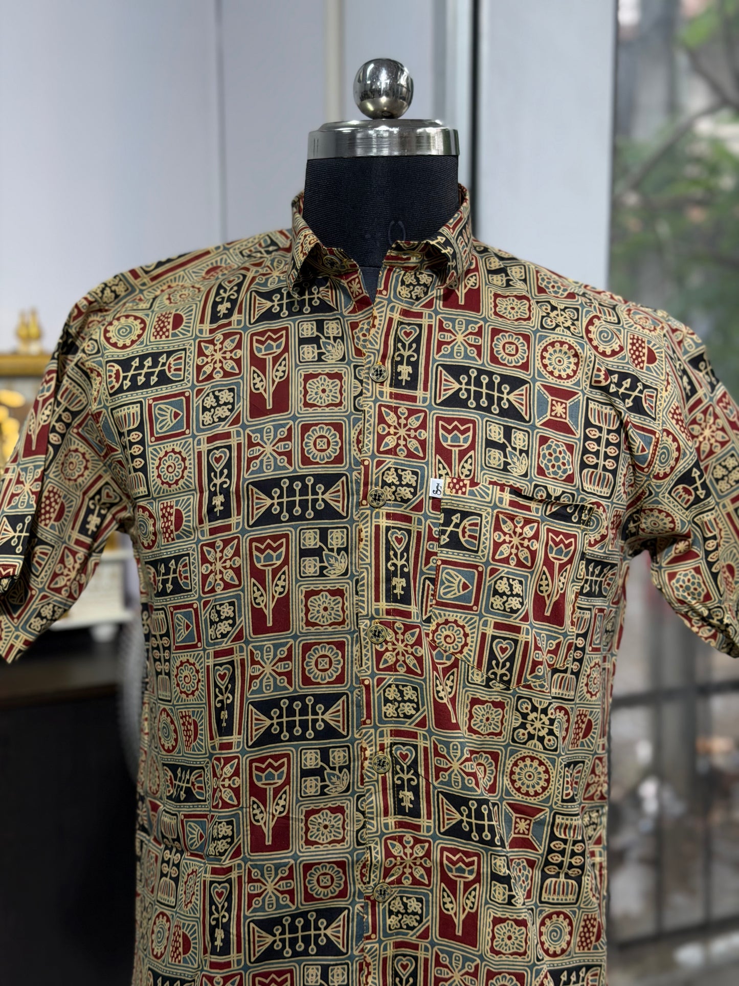 Black Maroon Heritage Motif Printed Half Sleeves Cotton Shirt for Men