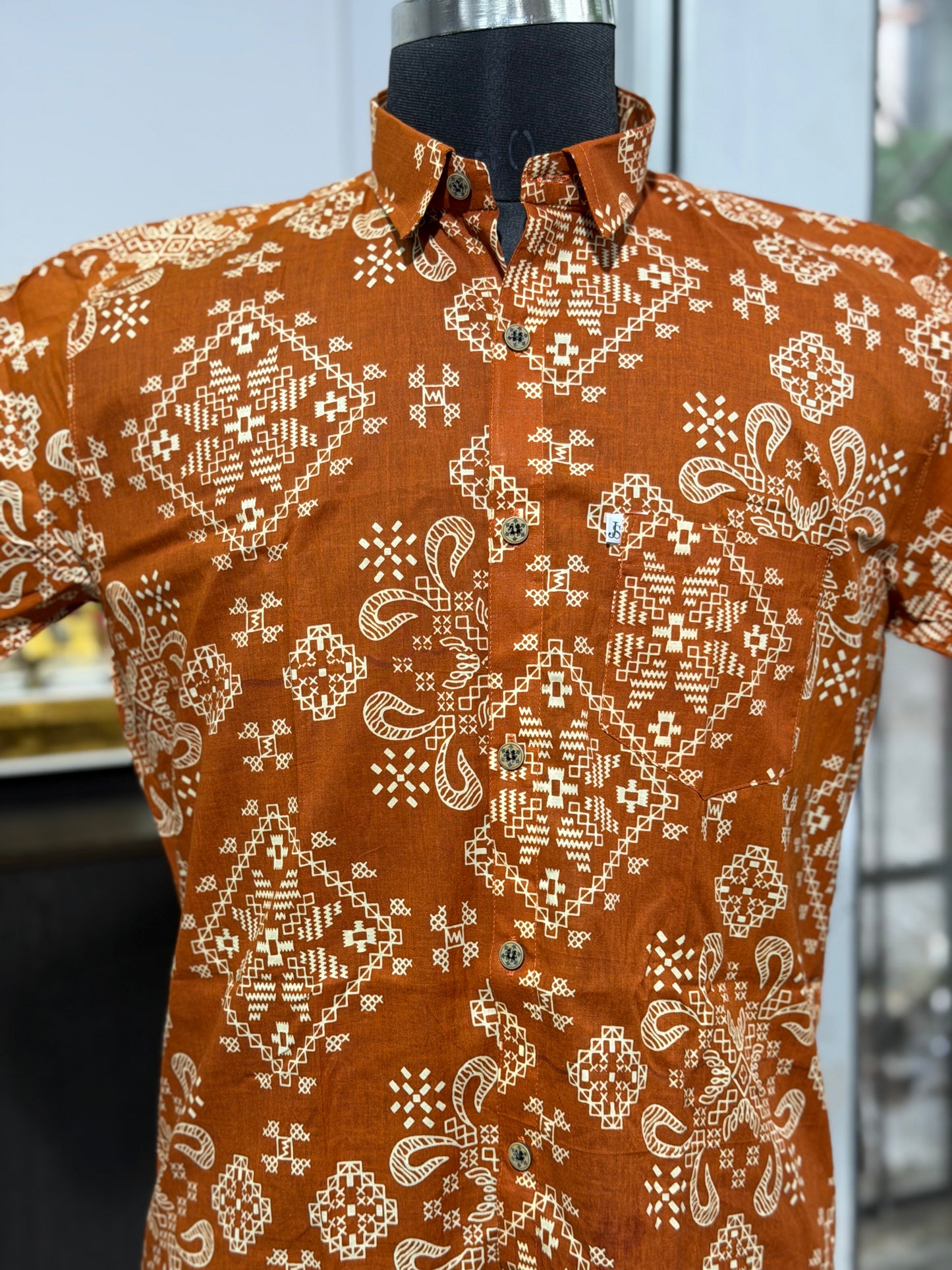 Orange Big Bandhej Printed Half Sleeves Cotton Shirt for Men