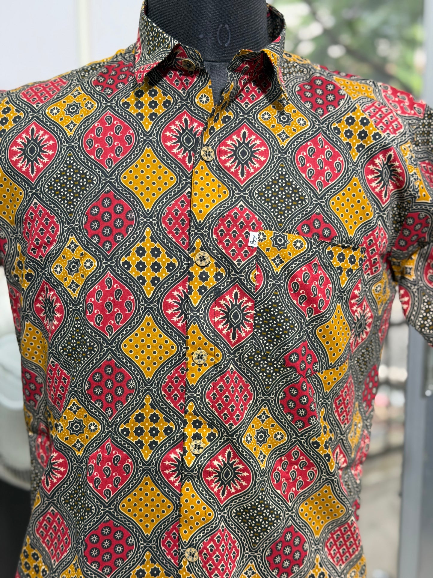 Multicolour Barfi Ajrakh Printed Half Sleeves Cotton Shirt for Men