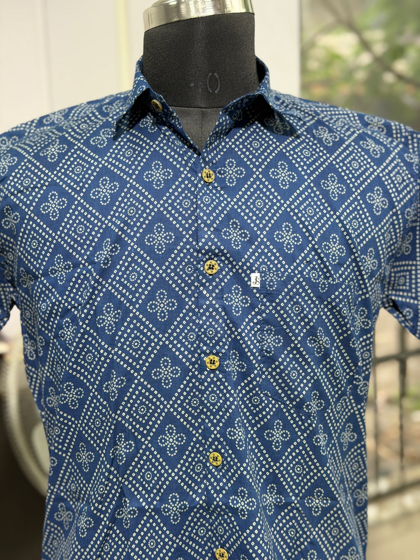 Indigo Blue Barfi Bandhej Printed Half Sleeves Cotton Shirt for Men