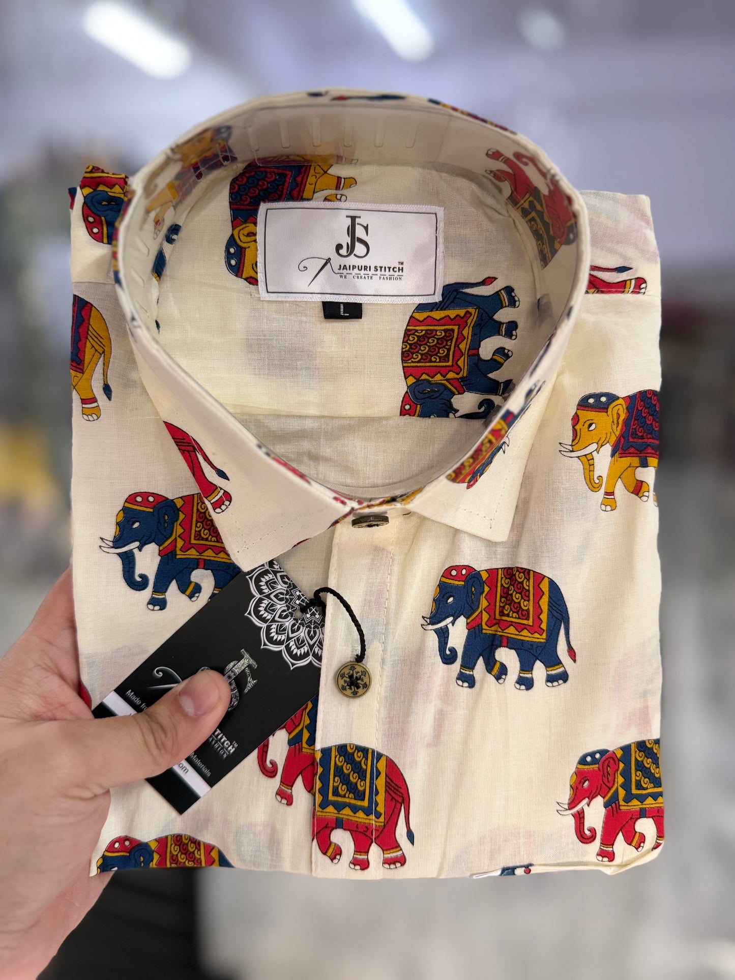 Off White Multicolor Elephant Printed Half Sleeves Cotton Shirt for Men