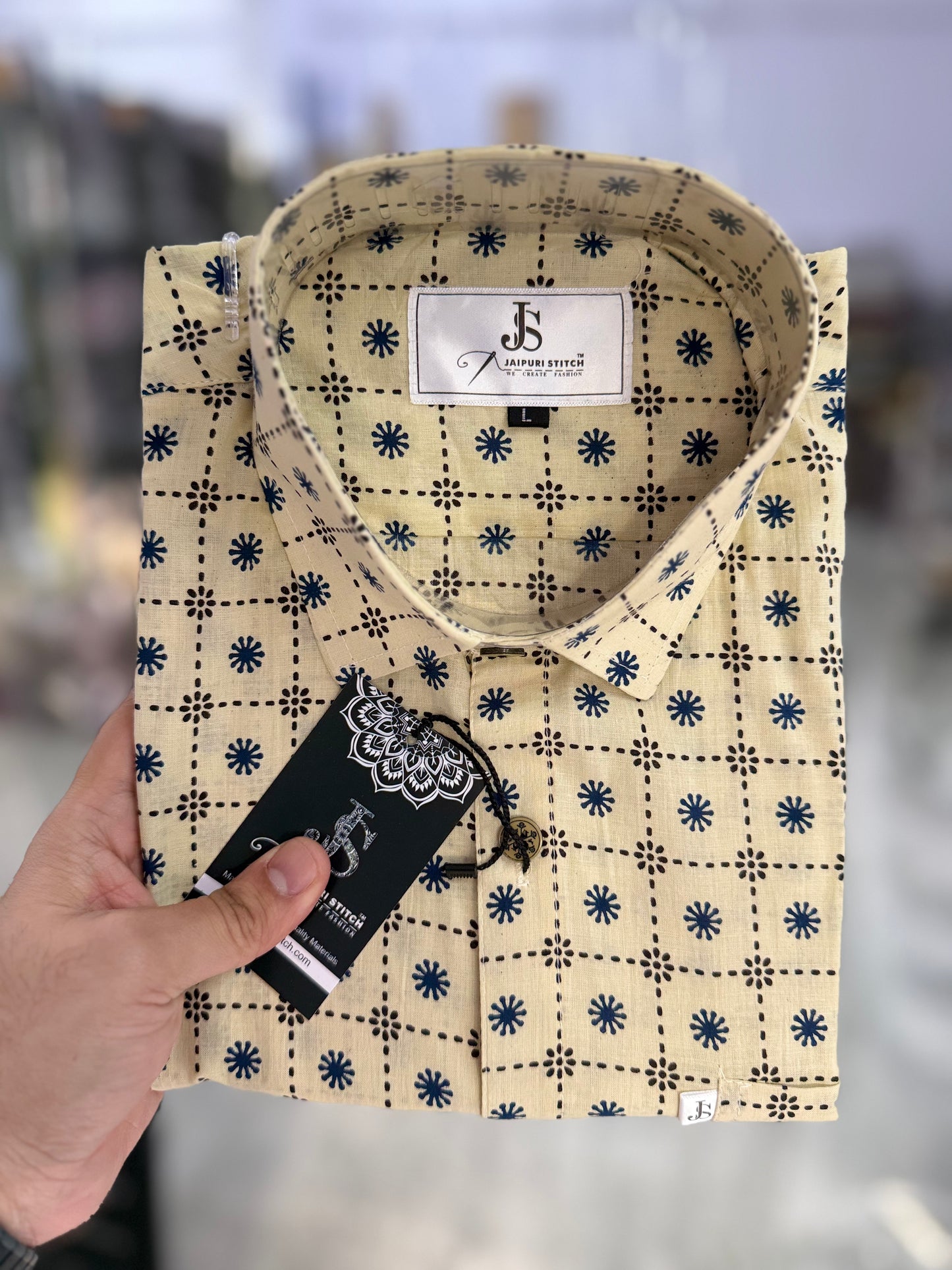 Beige Blue Floral Block Printed Men's Half Sleeves Cotton Shirt