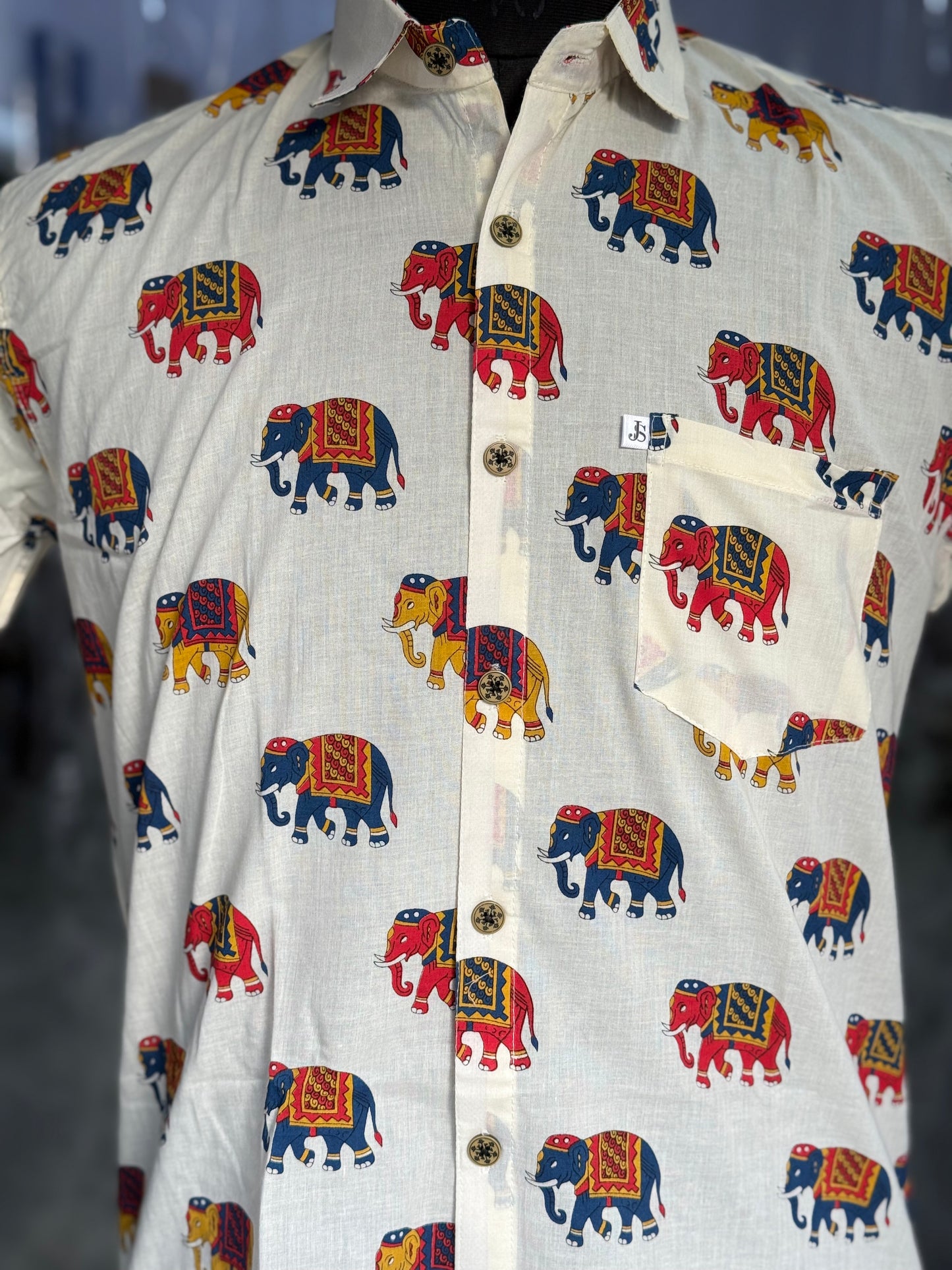 Off White Multicolor Elephant Printed Half Sleeves Cotton Shirt for Men