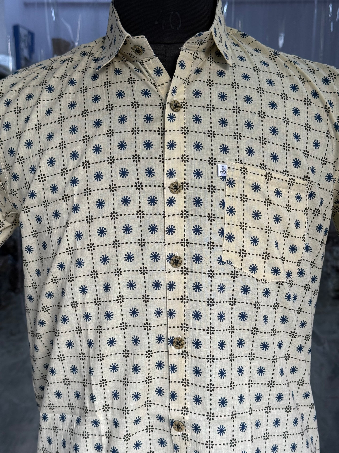 Beige Blue Floral Block Printed Men's Half Sleeves Cotton Shirt