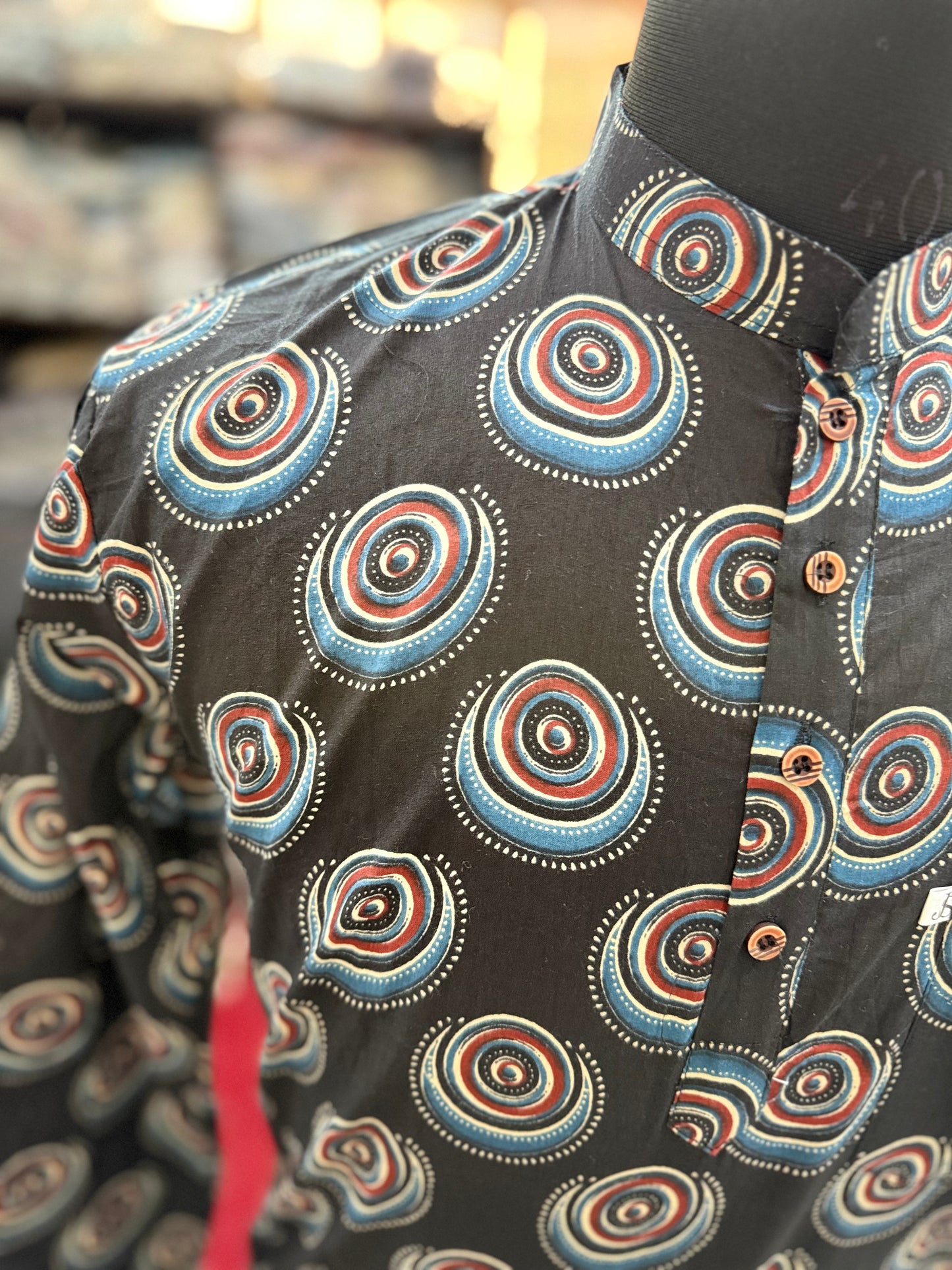 Black Chakra Printed Full Sleeves Short Kurta for Men