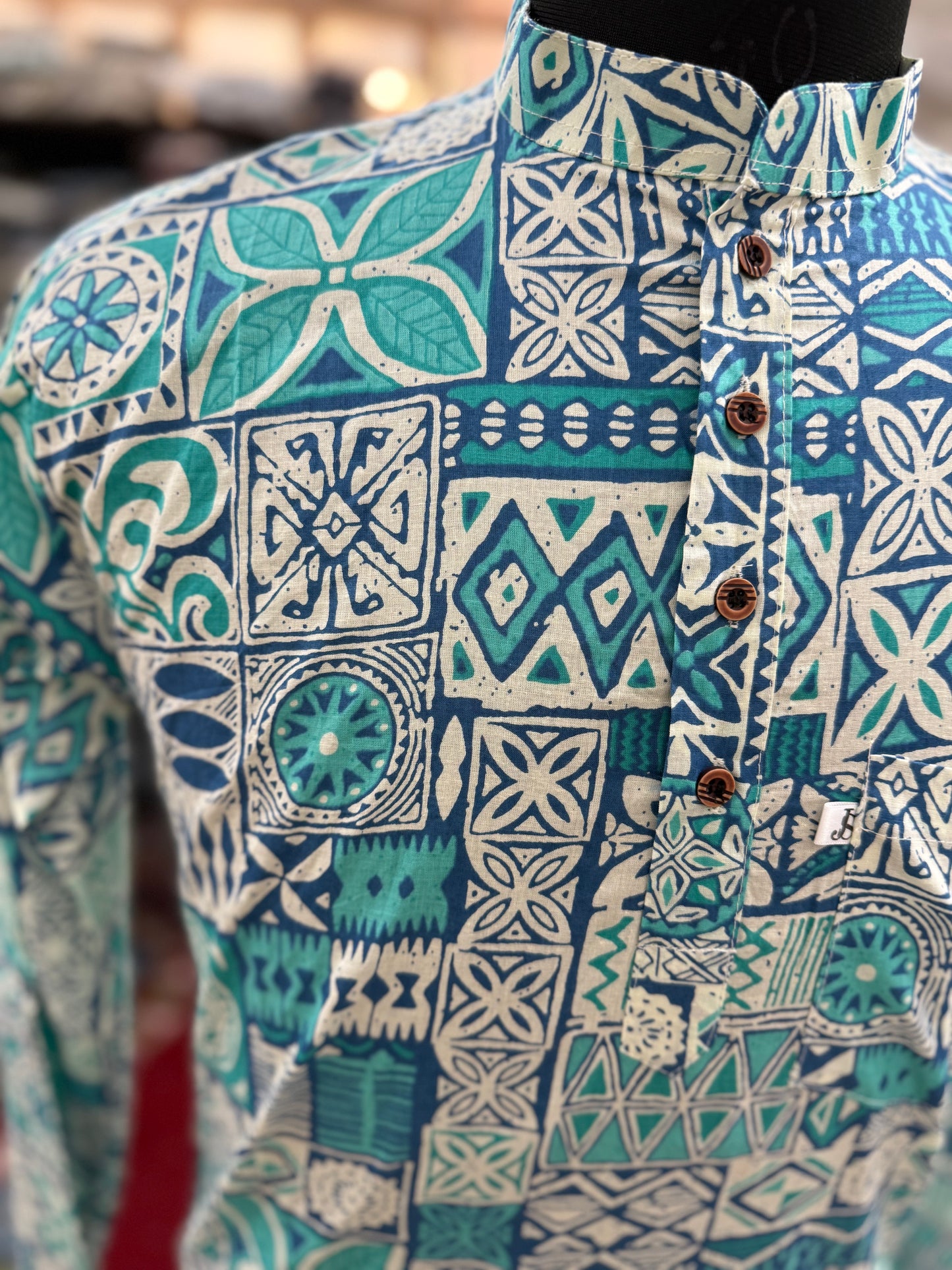 Blue Mosaic Printed Full Sleeves Short Kurta for Men