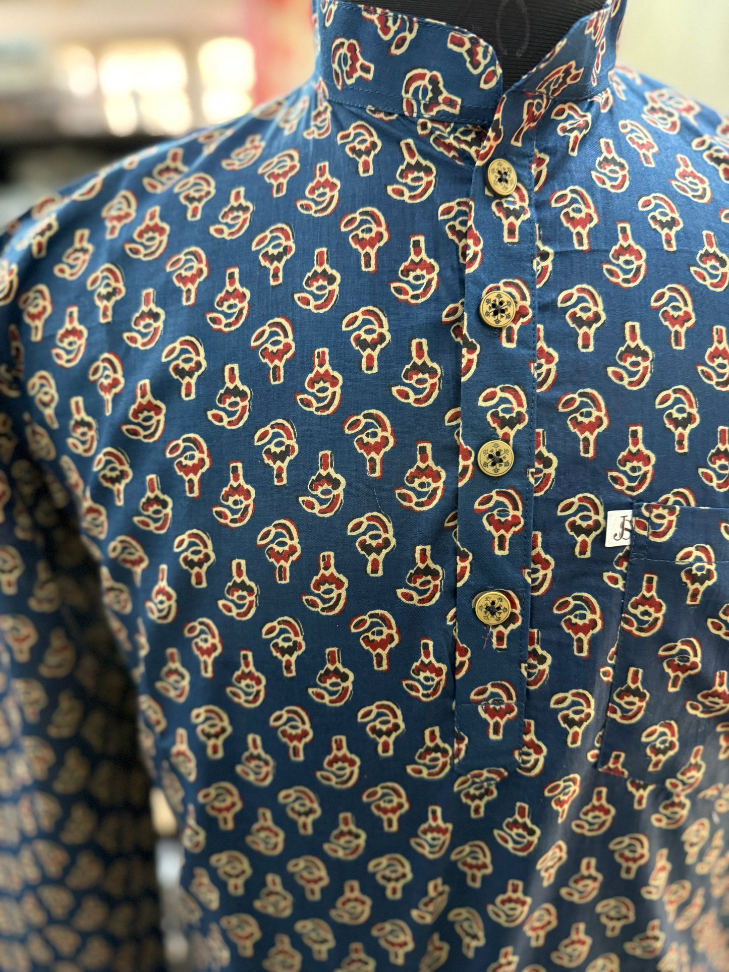 Indigo Red Booti Printed Full Sleeves Short Kurta for Men