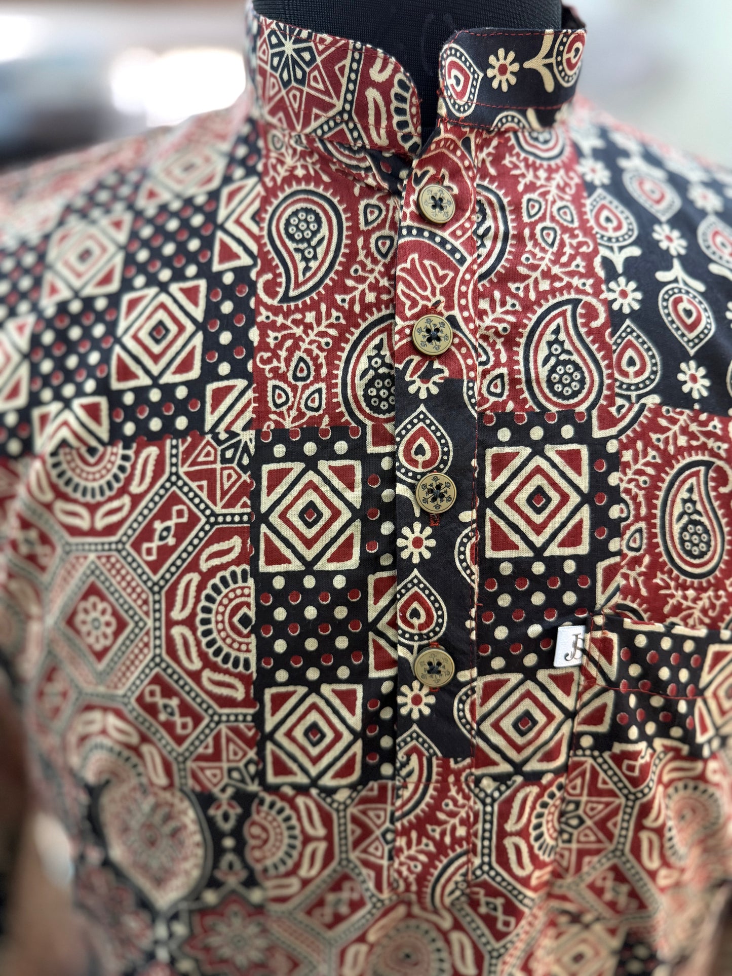Red Black Ajrak Patchwork Printed Full Sleeves Short Kurta for Men