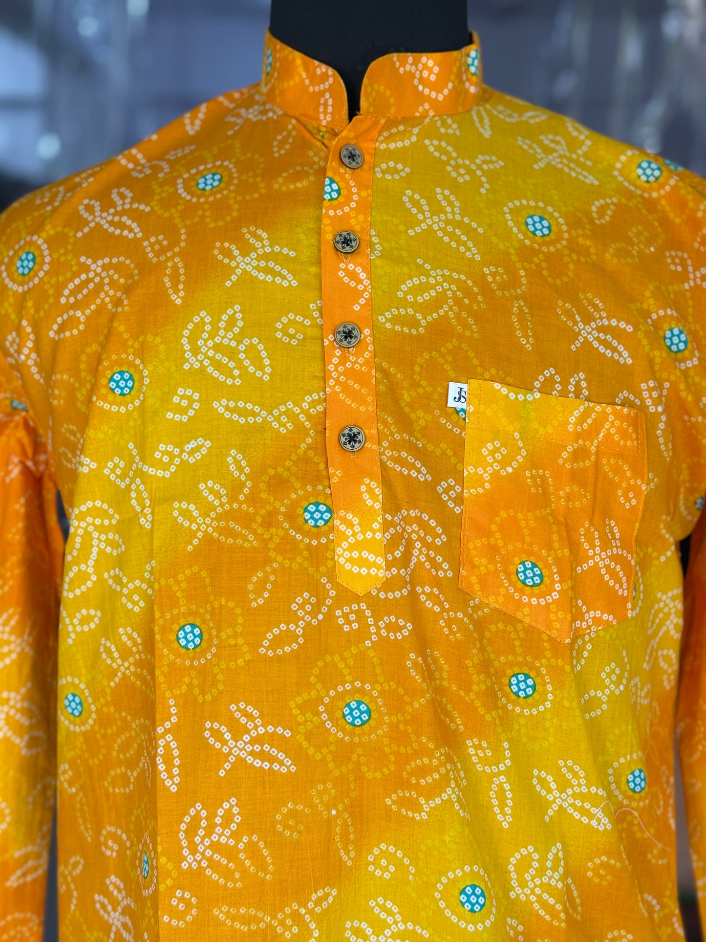 Multicolour Yellow Bandhej Printed Men's Full Sleeves Short Cotton Kurta