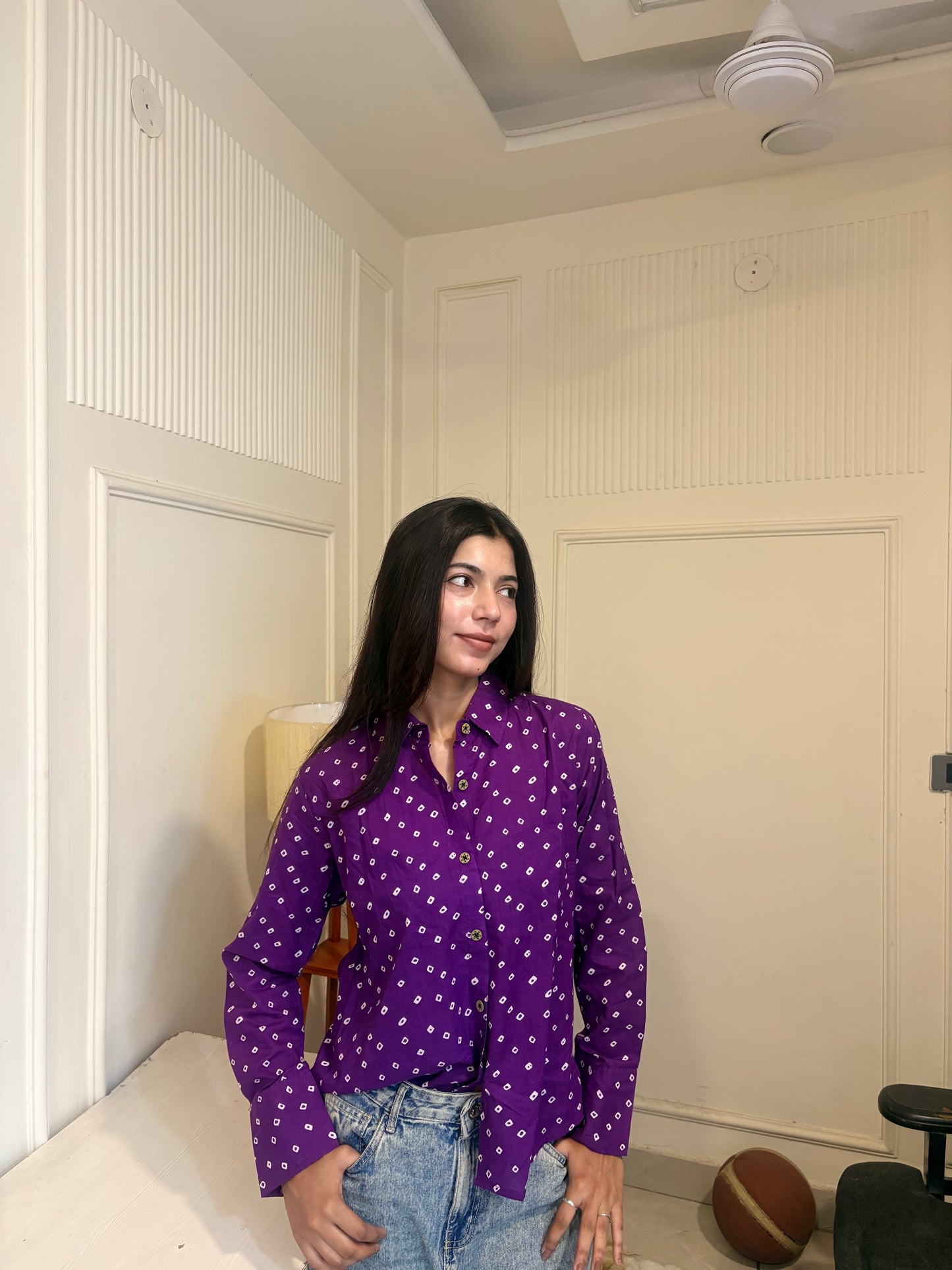 Purple Bandhani Print Women's Cotton Shirt