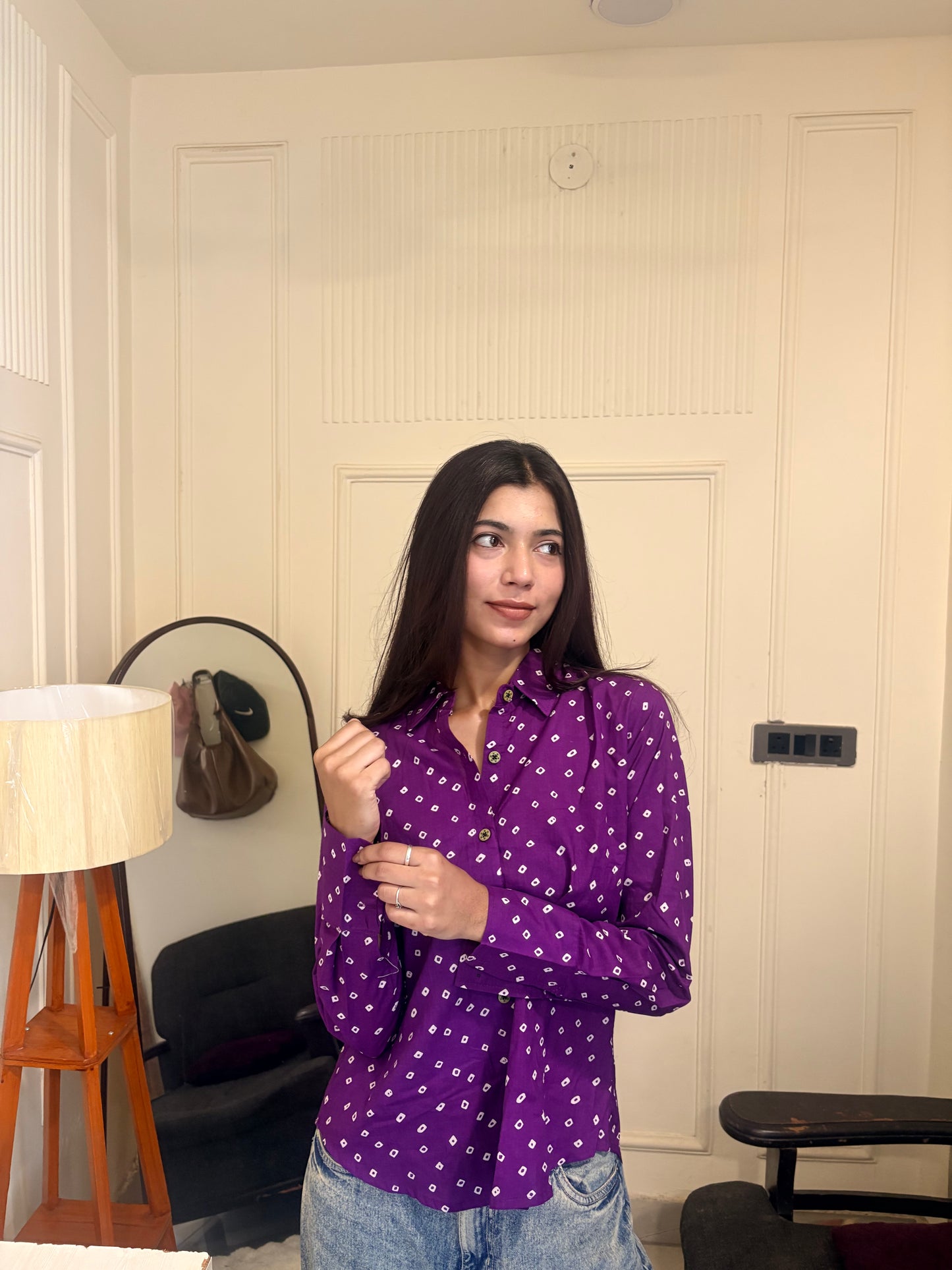 Purple Bandhani Print Women's Cotton Shirt