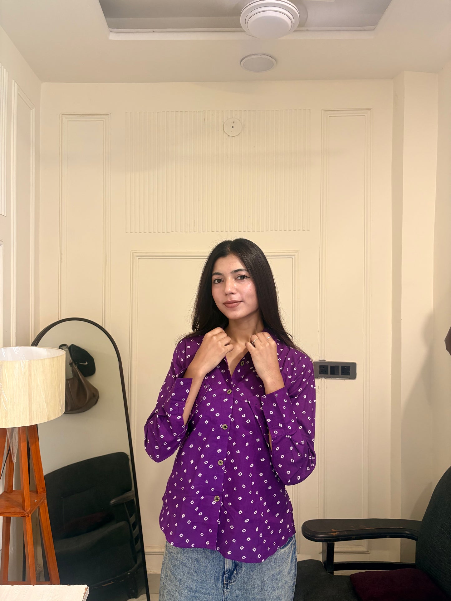 Purple Bandhani Print Women's Cotton Shirt