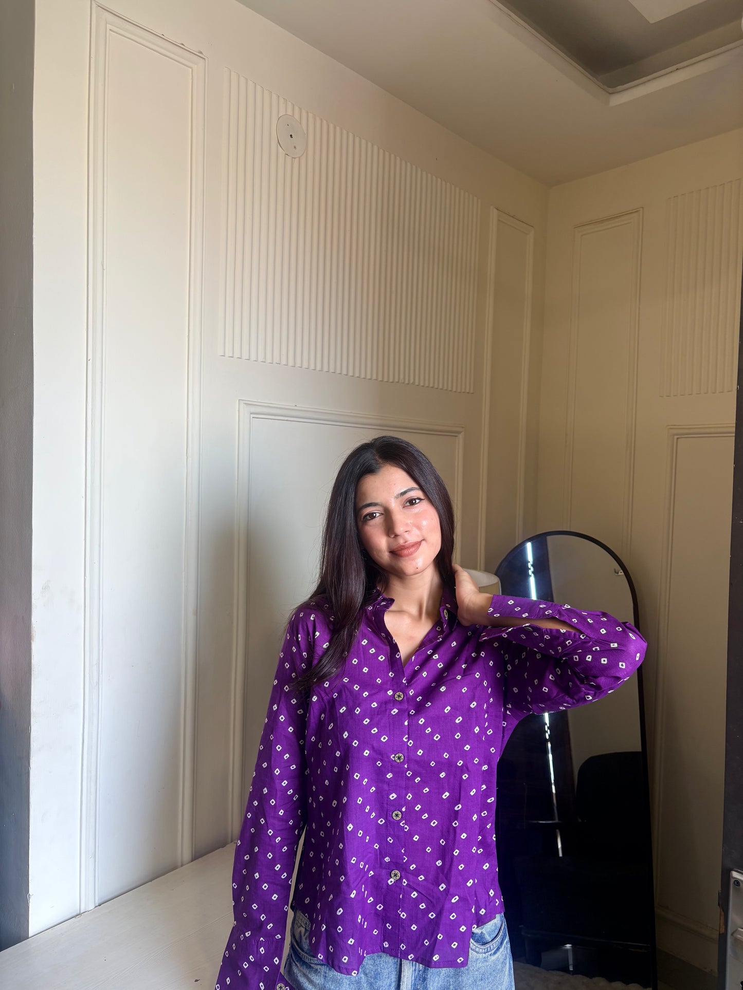 Purple Bandhani Print Women's Cotton Shirt