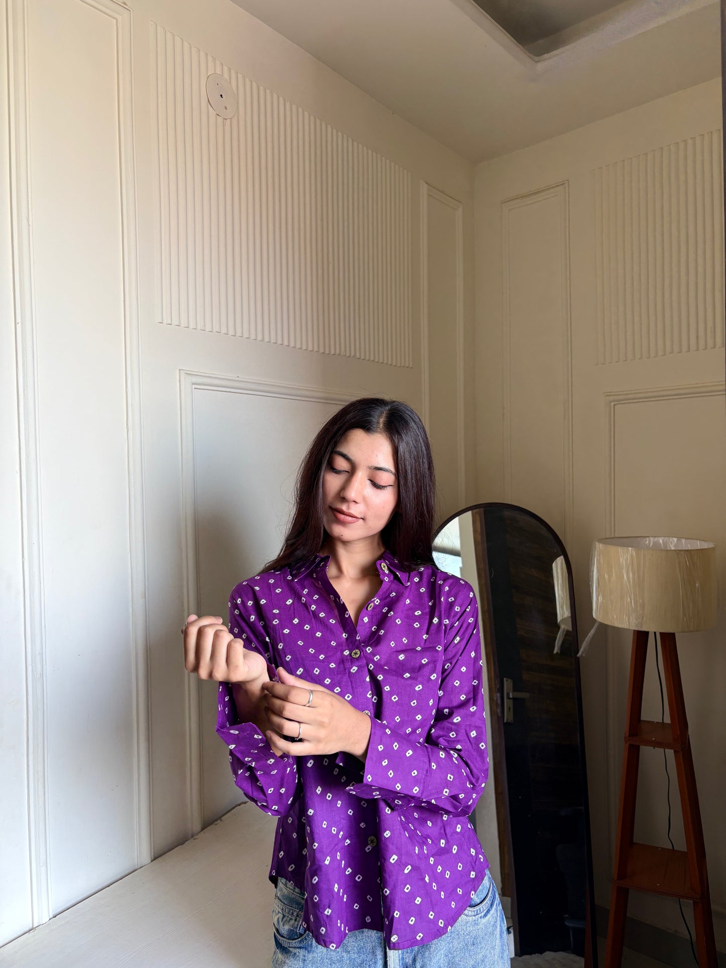 Purple Bandhani Print Women's Cotton Shirt