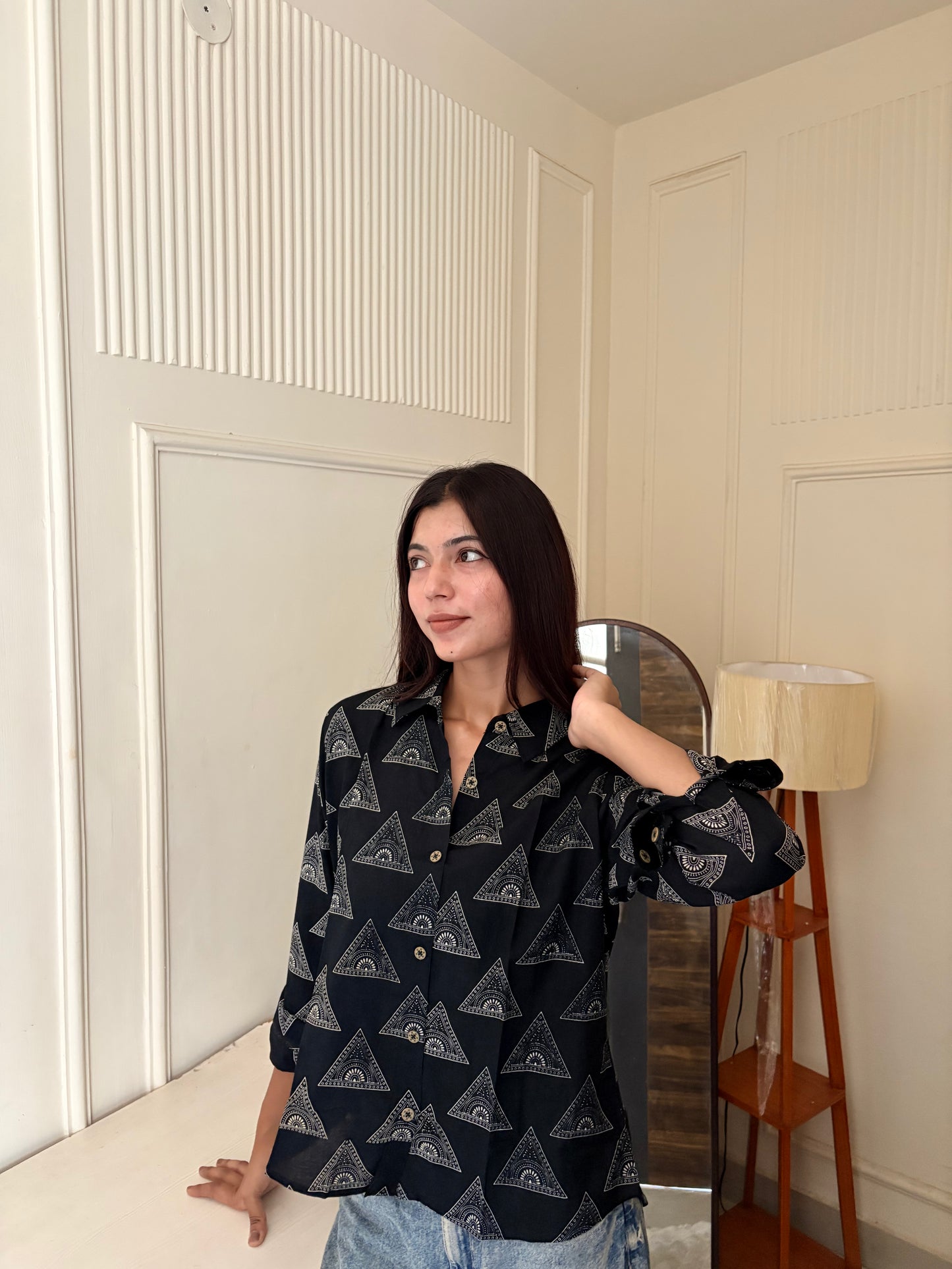 Black Geometric Triangle Printed Women’s Cotton Shirt