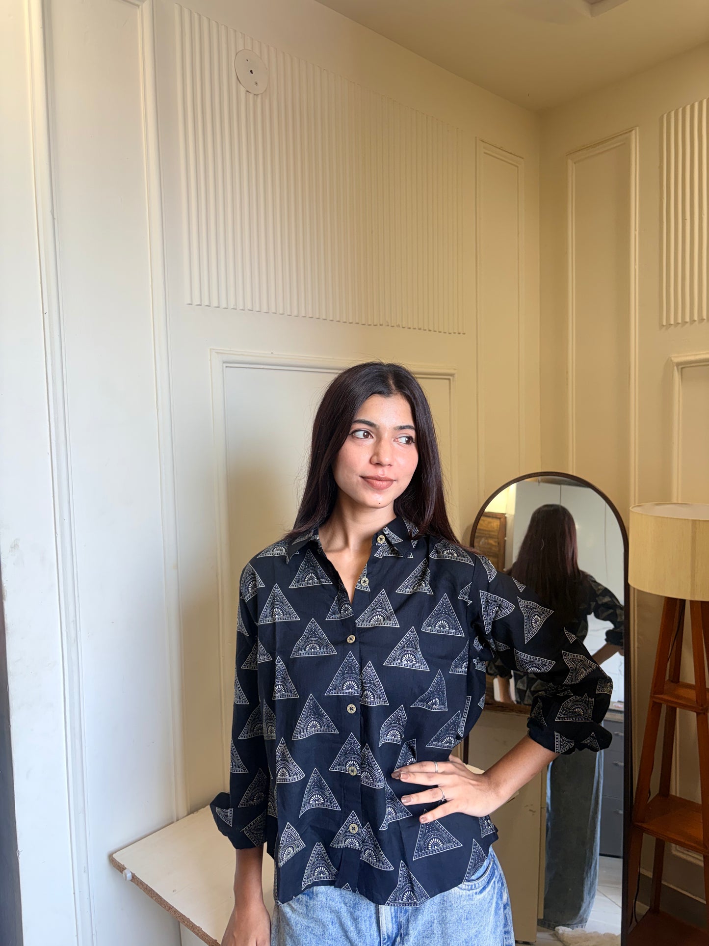 Black Geometric Triangle Printed Women’s Cotton Shirt