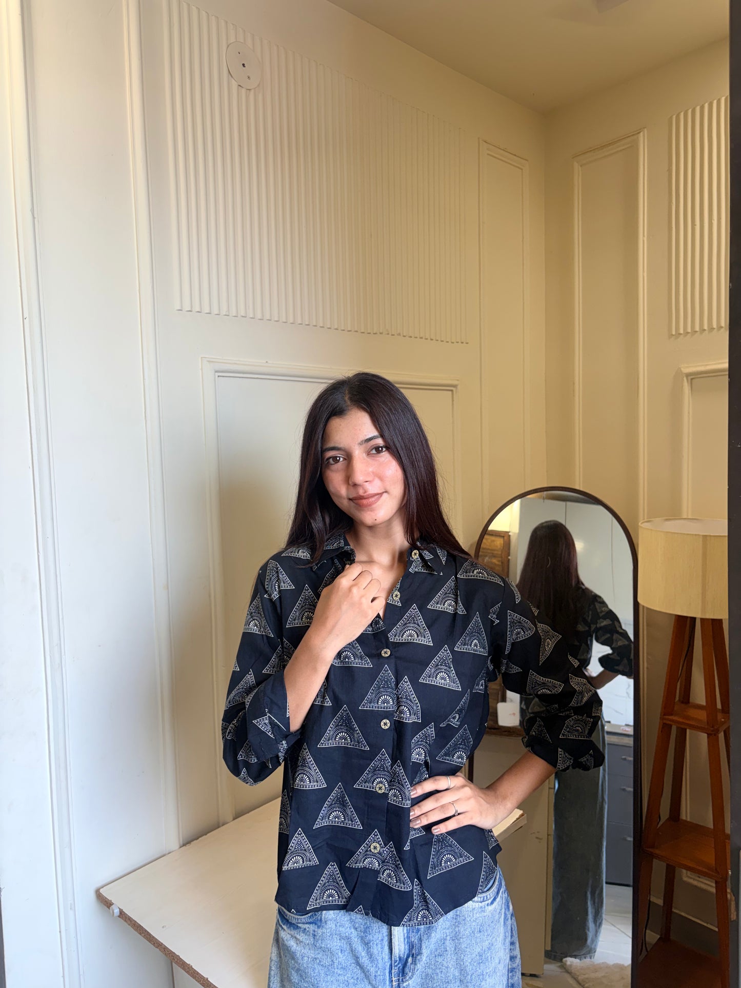 Black Geometric Triangle Printed Women’s Cotton Shirt