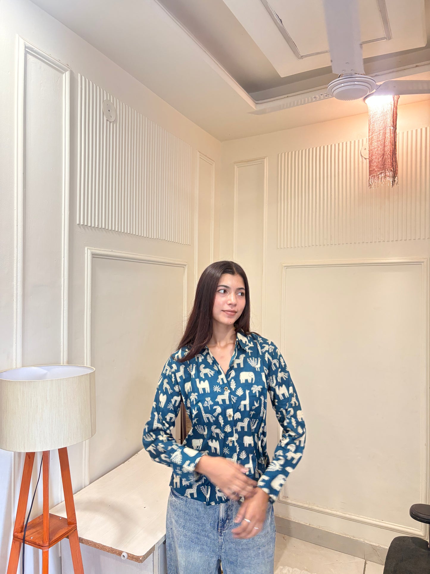 Blue Folk Animal Print Women’s Cotton Shirt