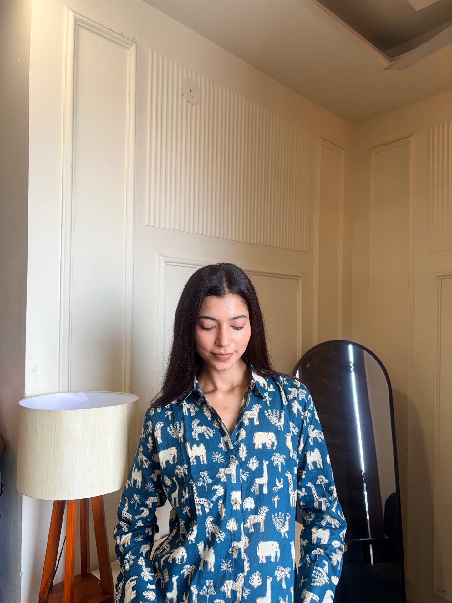 Blue Folk Animal Print Women’s Cotton Shirt