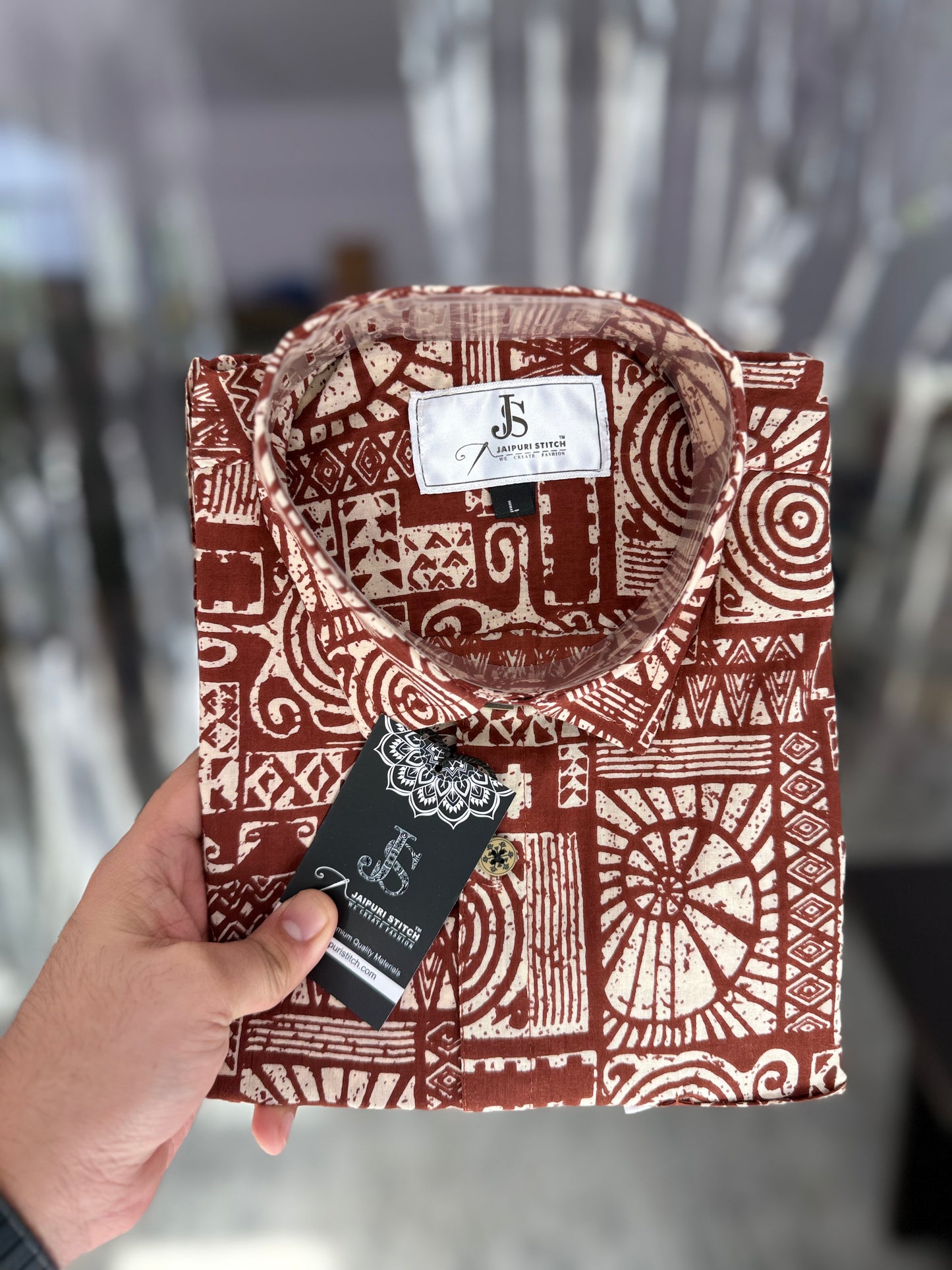 Brick Red Maze Printed Men's Half Sleeves Cotton Shirt
