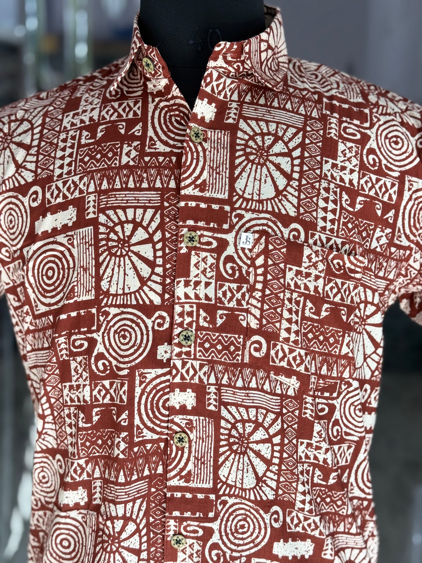 Brick Red Maze Printed Men's Half Sleeves Cotton Shirt