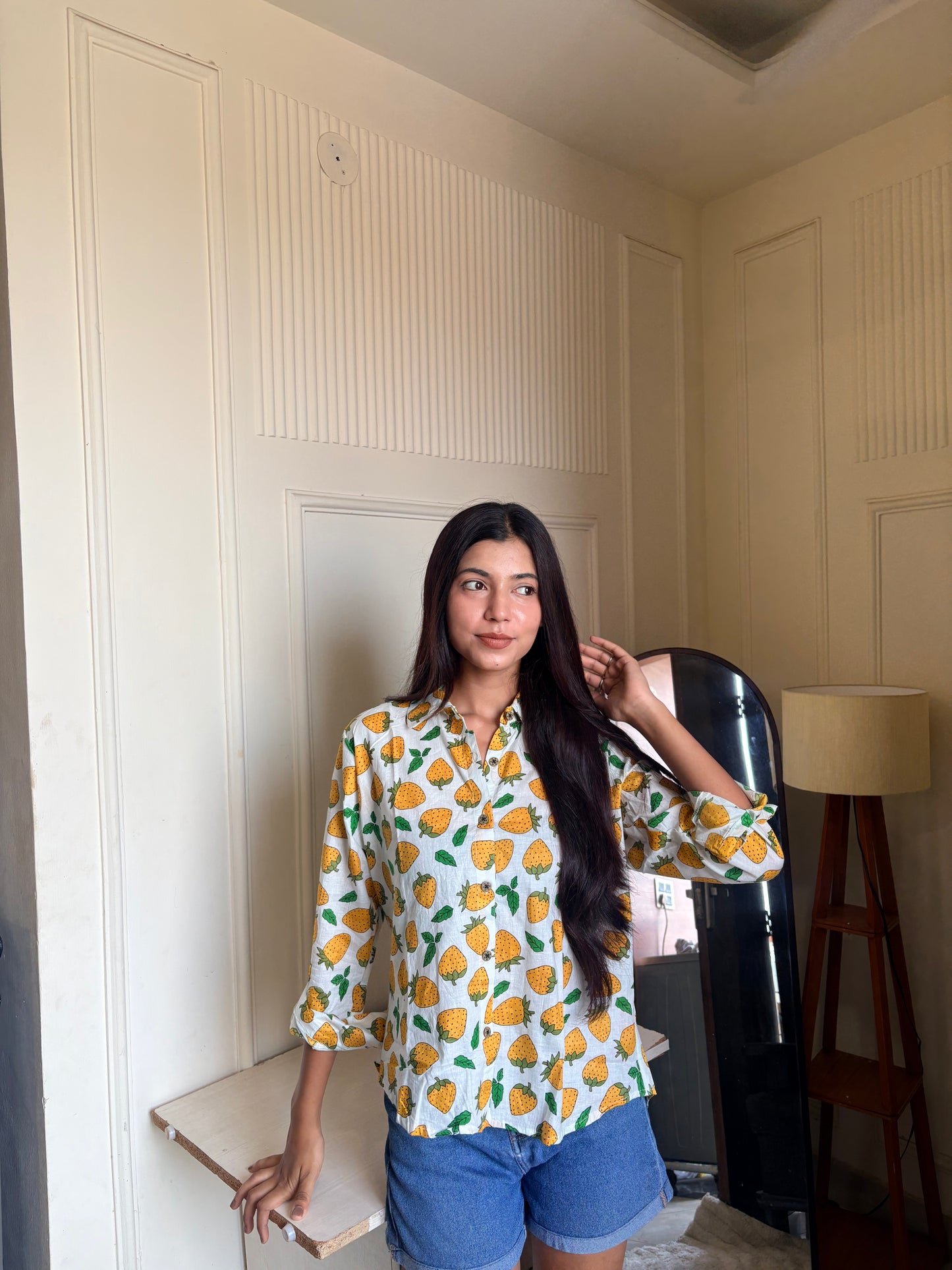 White Strawberry Print Women’s Cotton Shirt