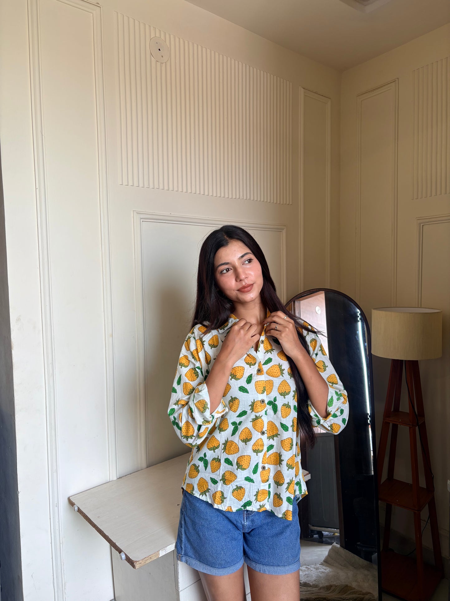 White Strawberry Print Women’s Cotton Shirt