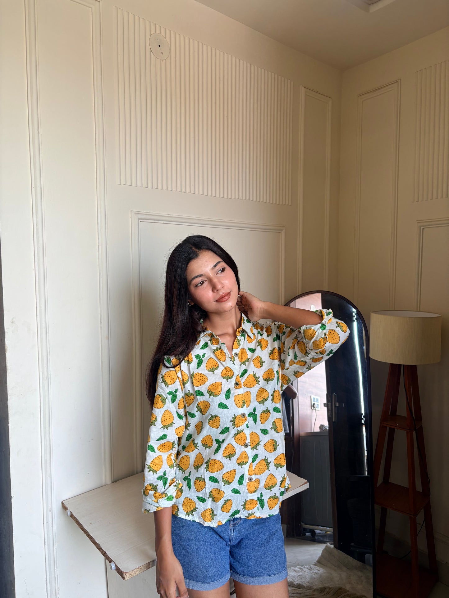 White Strawberry Print Women’s Cotton Shirt