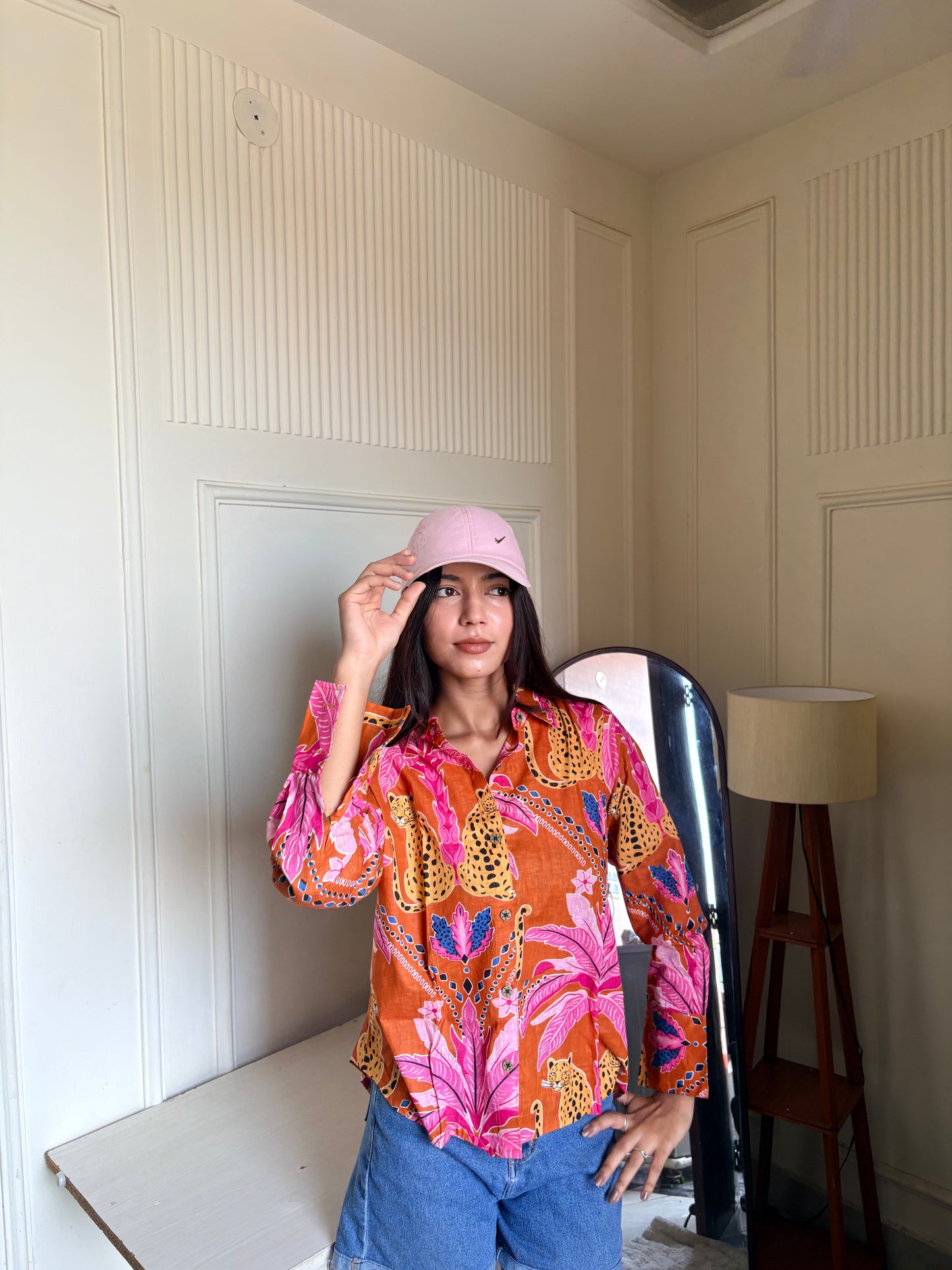 Orange Tropical Leopard Print Women’s Cotton Shirt