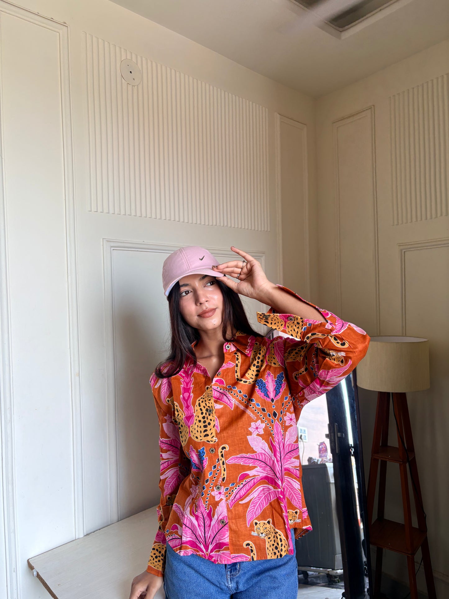 Orange Tropical Leopard Print Women’s Cotton Shirt