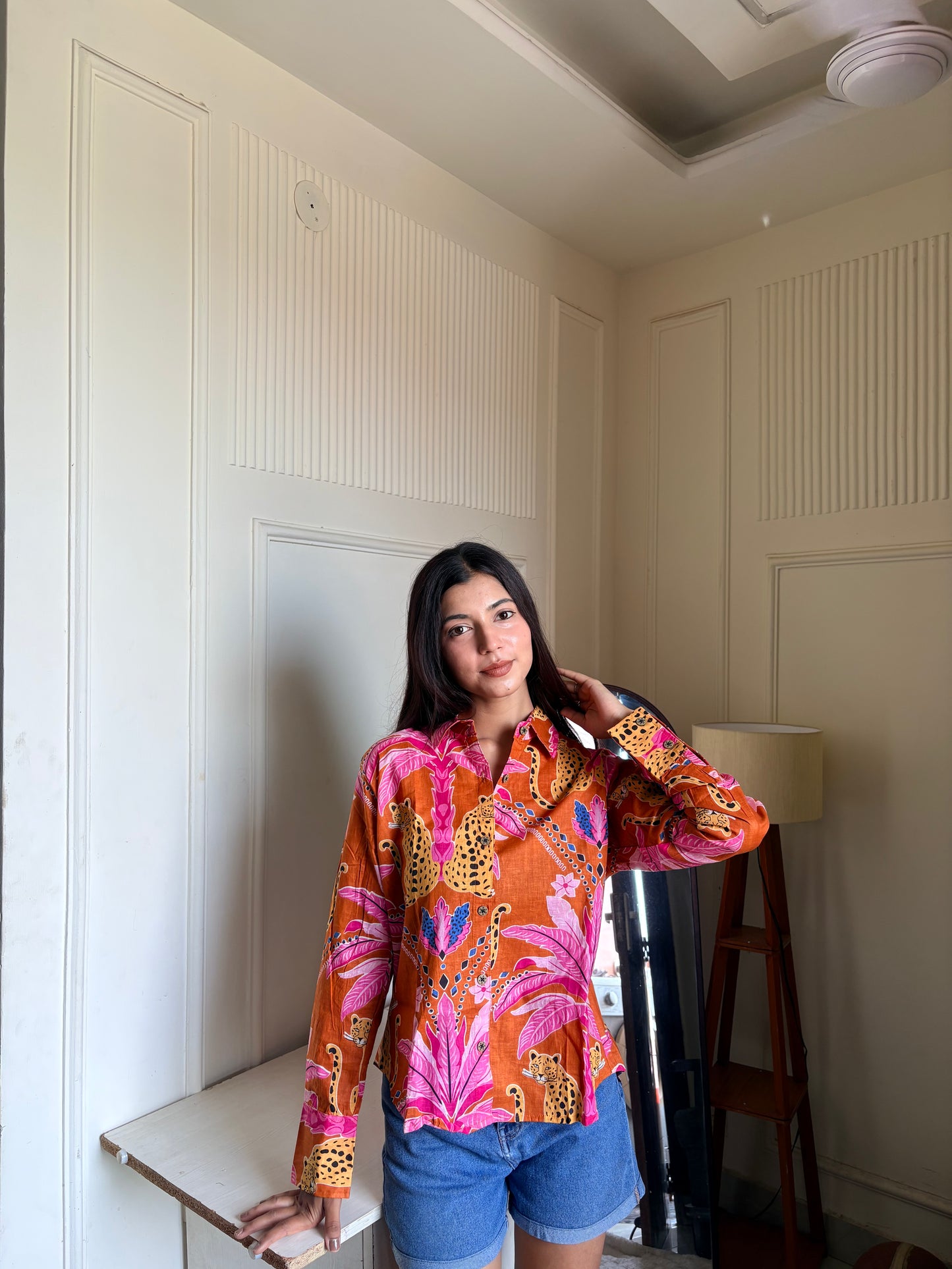 Orange Tropical Leopard Print Women’s Cotton Shirt