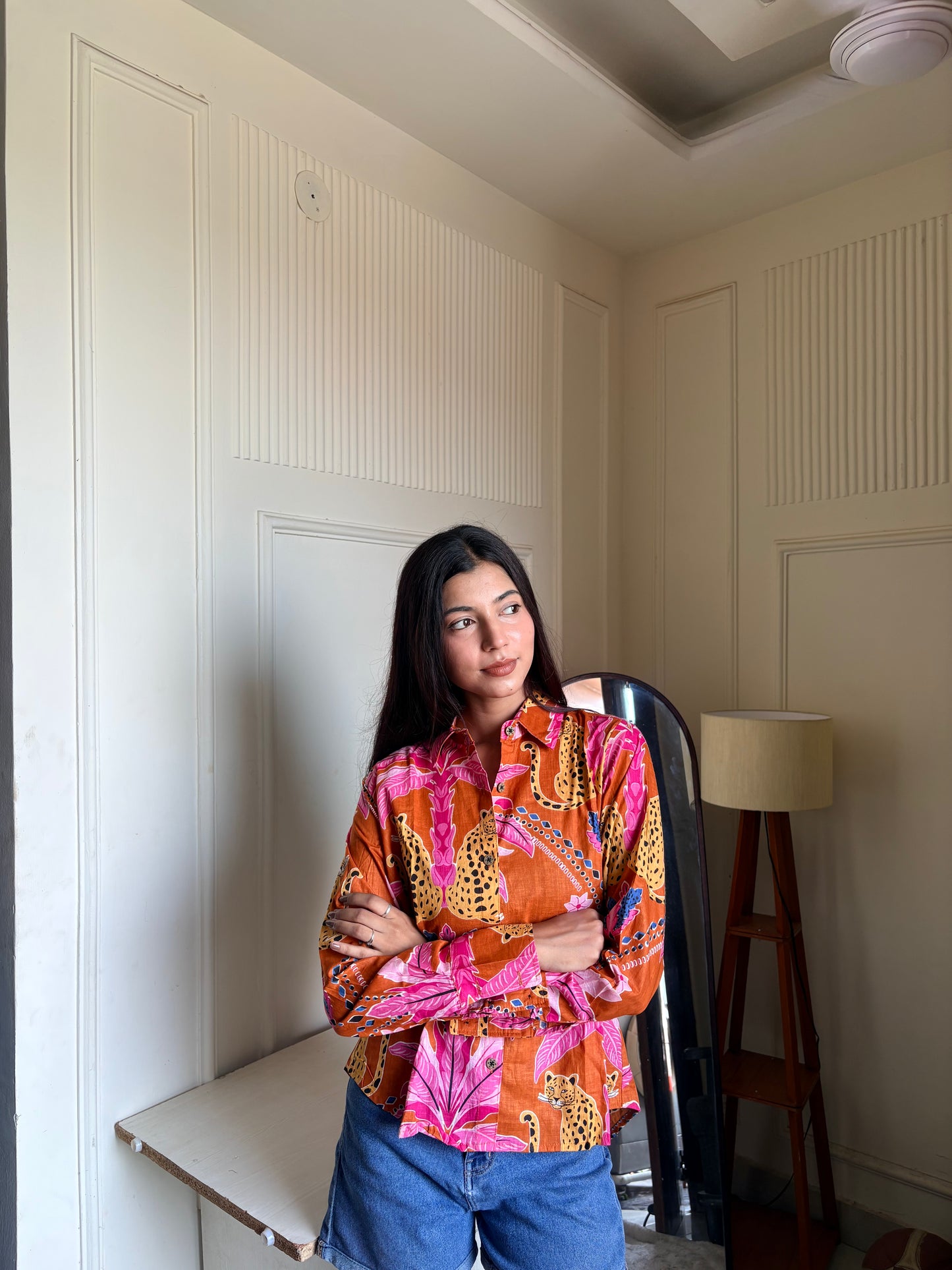 Orange Tropical Leopard Print Women’s Cotton Shirt