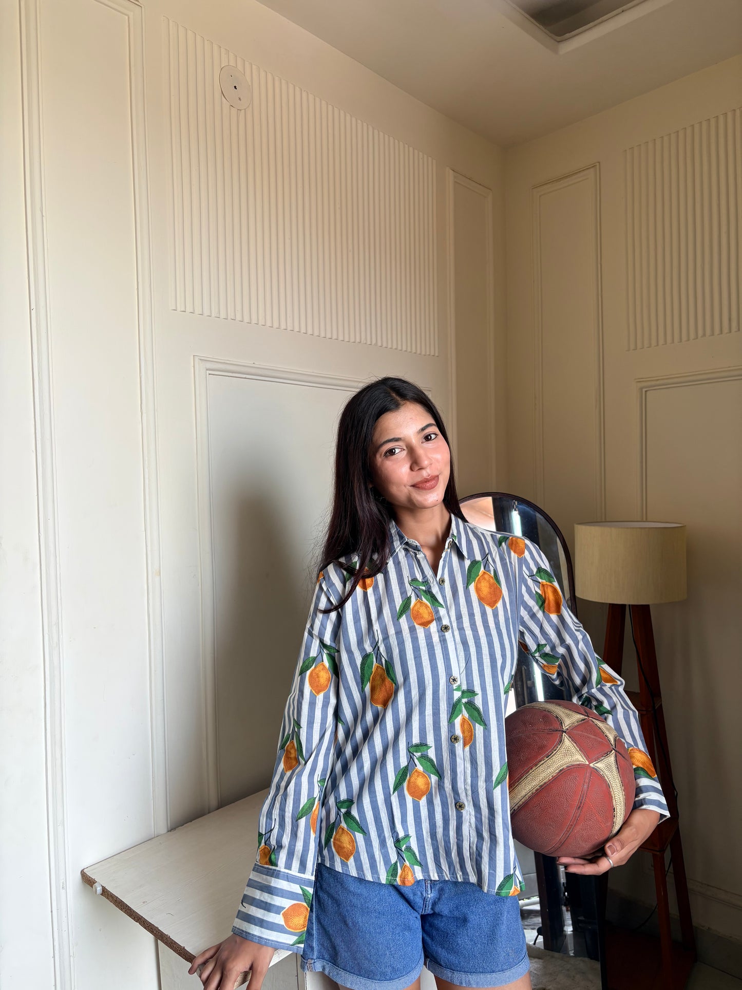 Blue & White Striped Orange Print Women’s Cotton Shirt