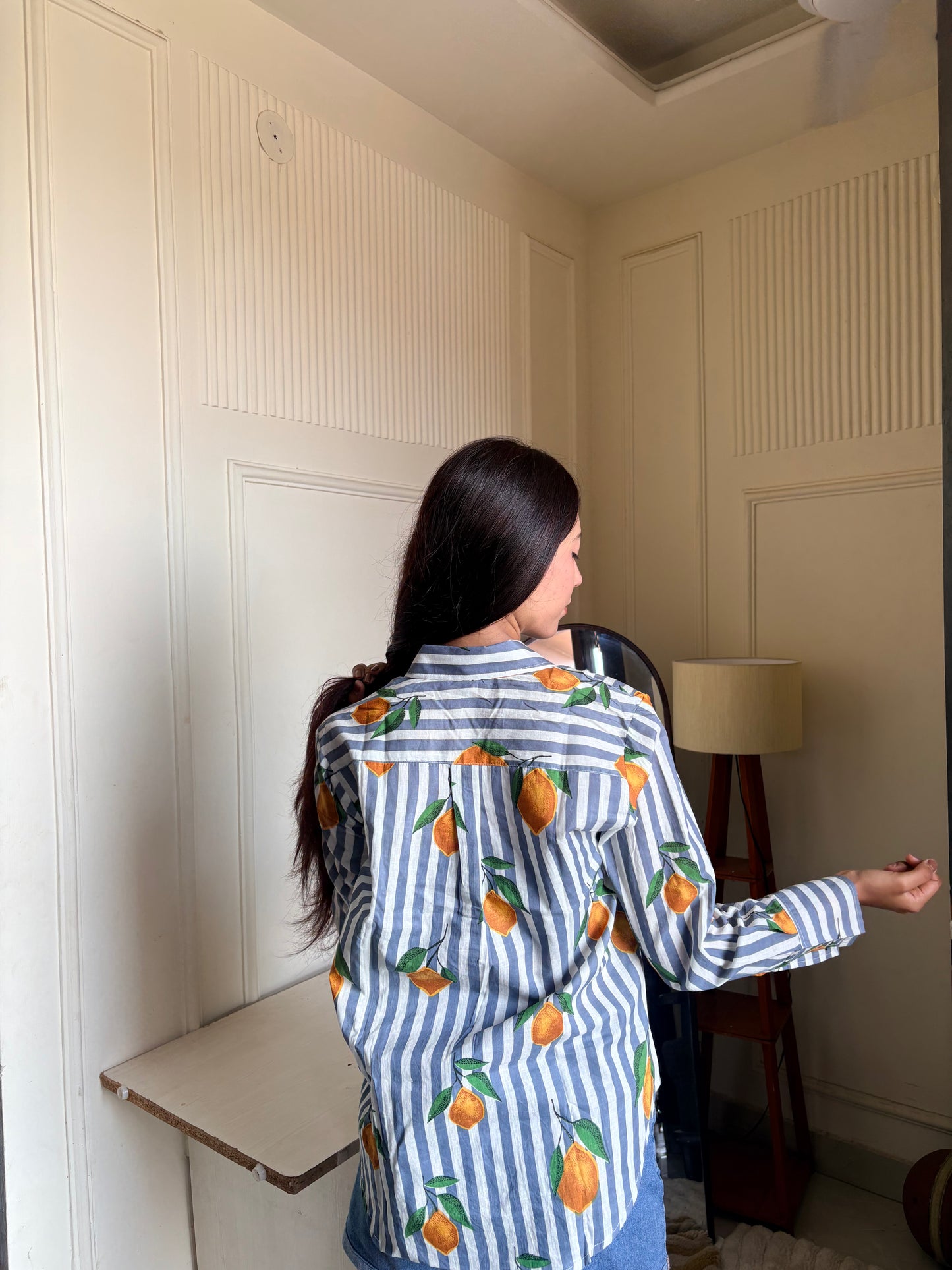 Blue & White Striped Orange Print Women’s Cotton Shirt