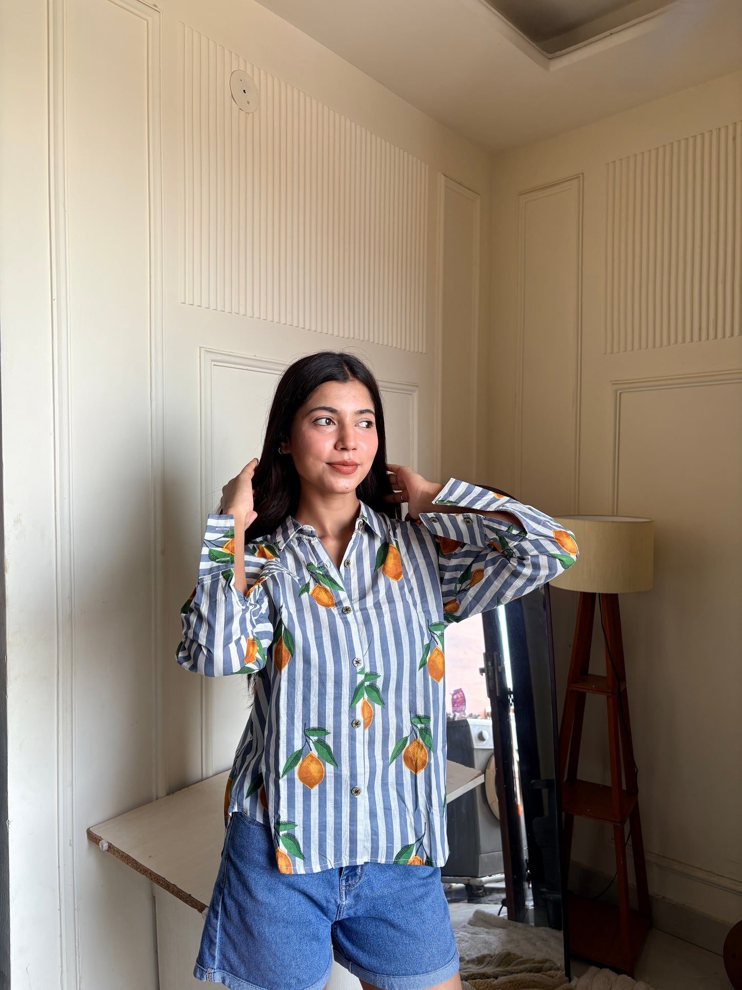 Blue & White Striped Orange Print Women’s Cotton Shirt
