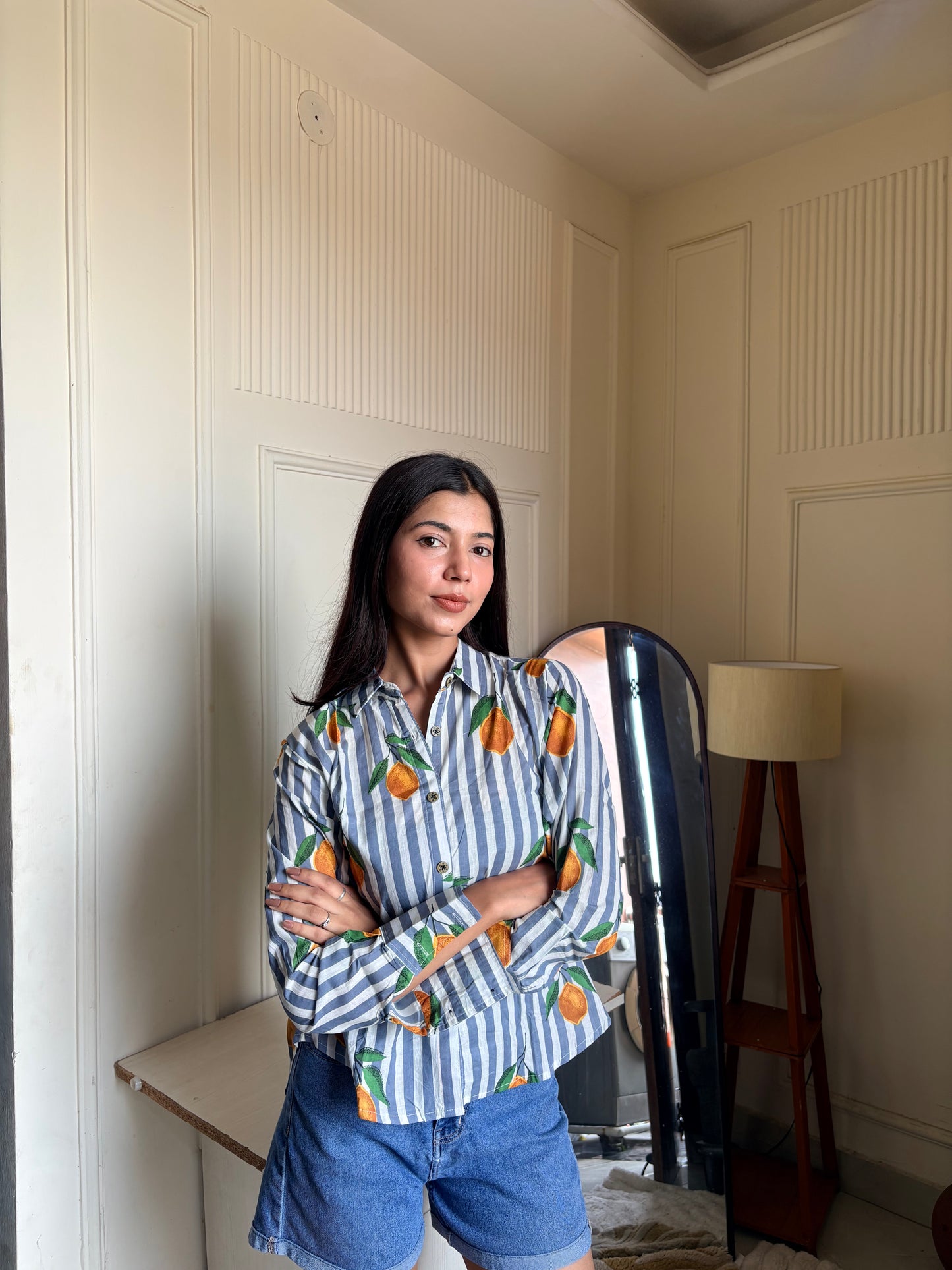 Blue & White Striped Orange Print Women’s Cotton Shirt