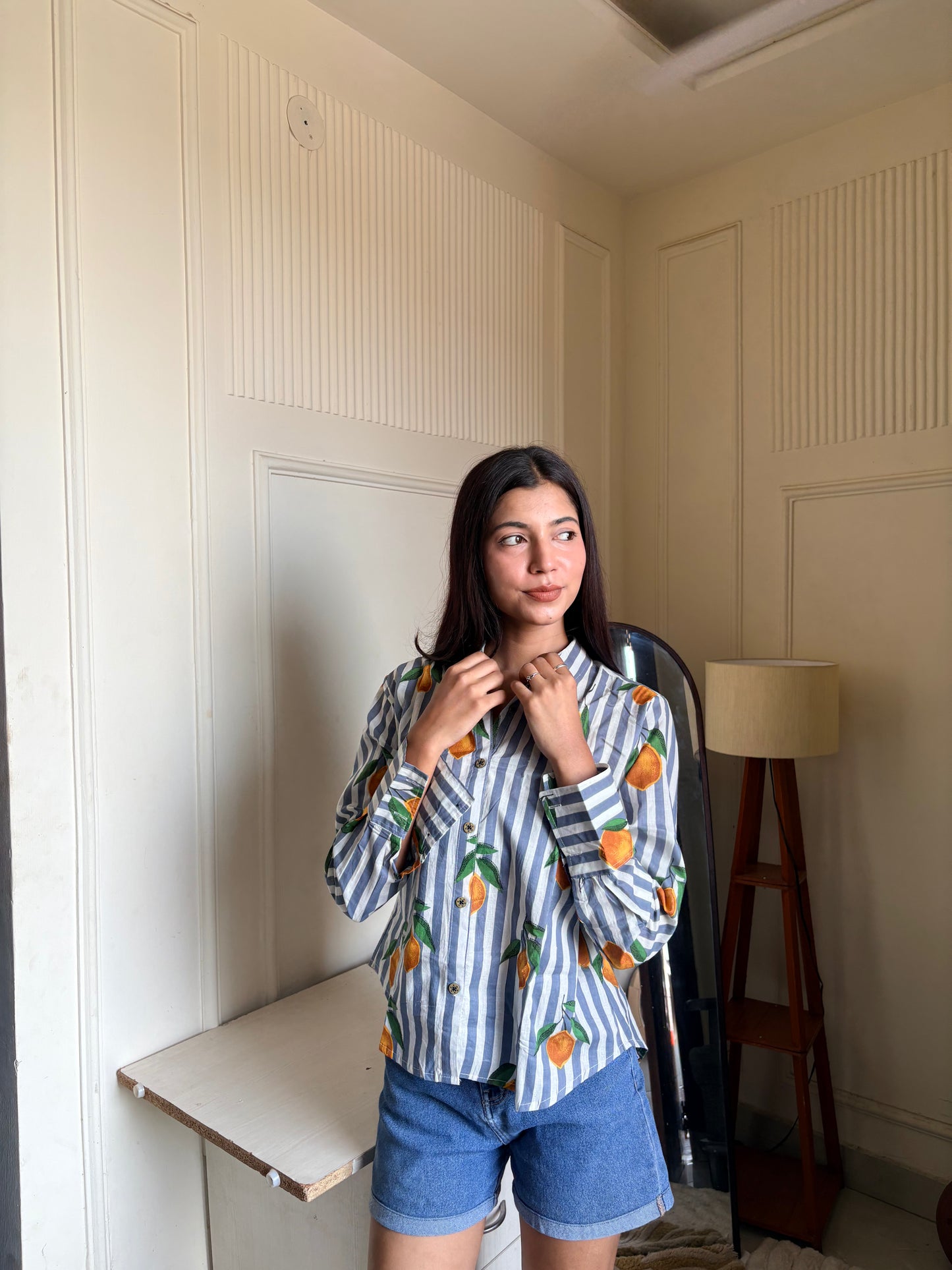 Blue & White Striped Orange Print Women’s Cotton Shirt