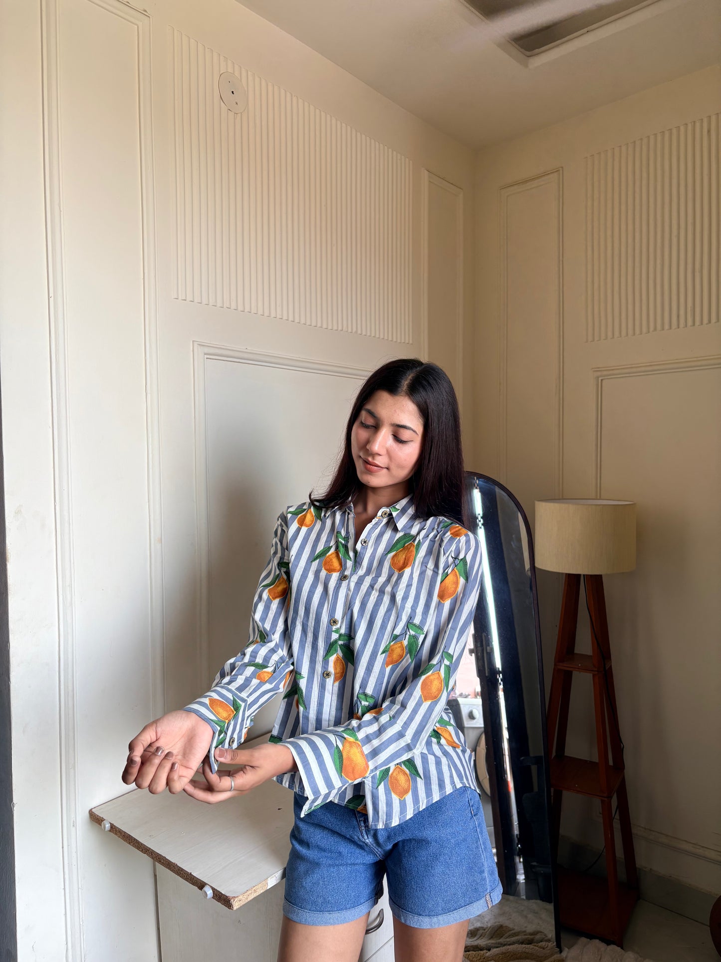 Blue & White Striped Orange Print Women’s Cotton Shirt