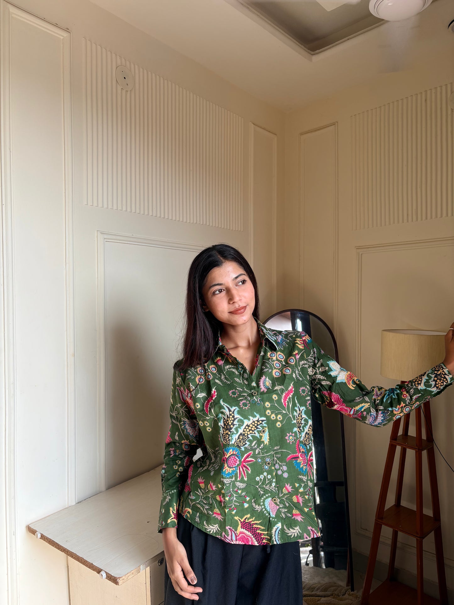 Green Floral Print Women’s Cotton Shirt