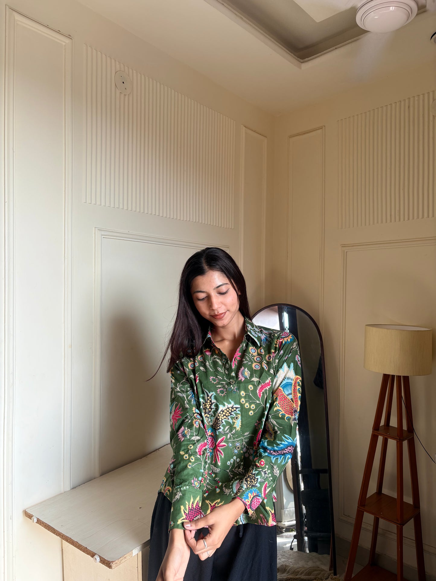 Green Floral Print Women’s Cotton Shirt
