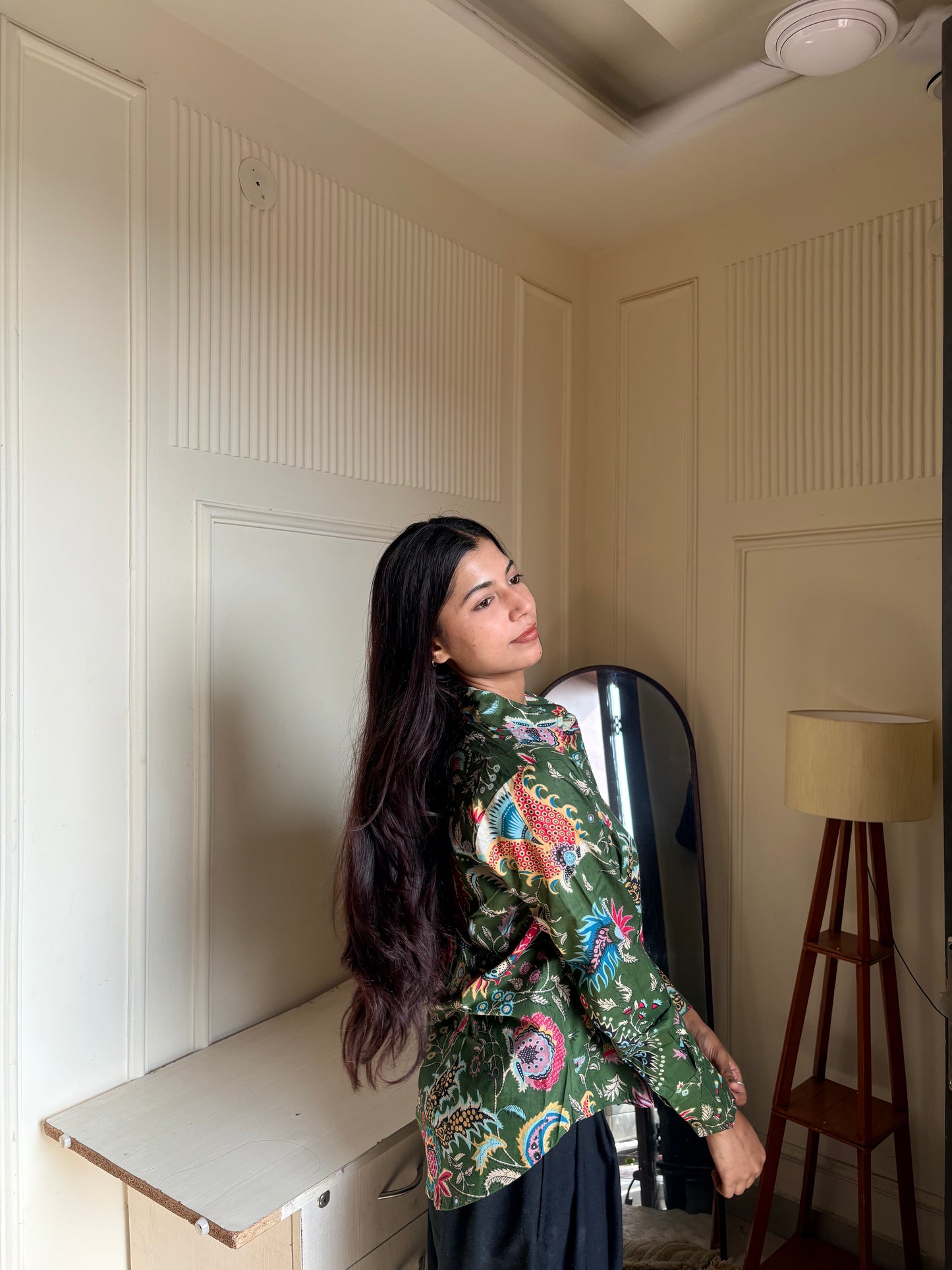 Green Floral Print Women’s Cotton Shirt