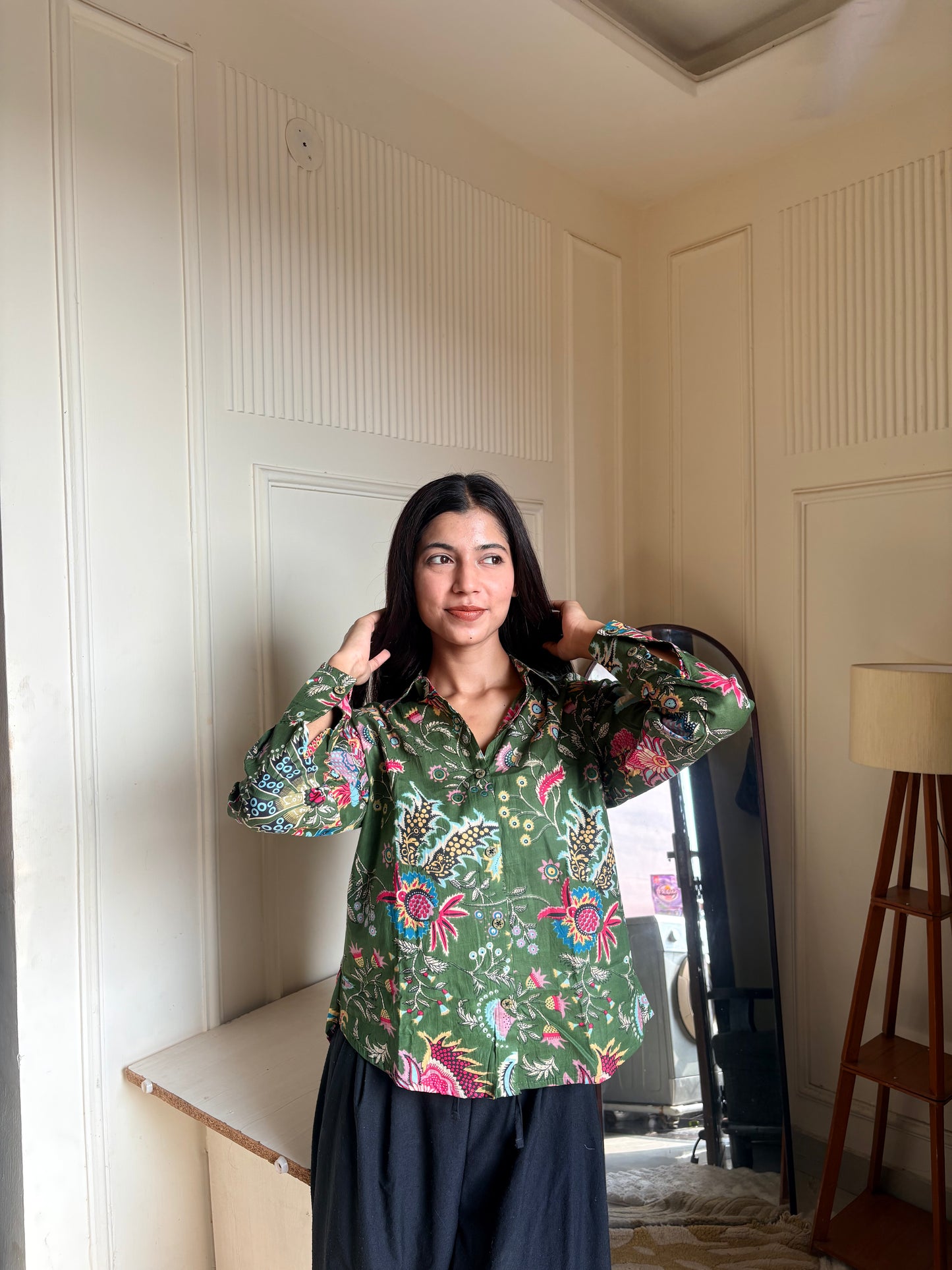 Green Floral Print Women’s Cotton Shirt