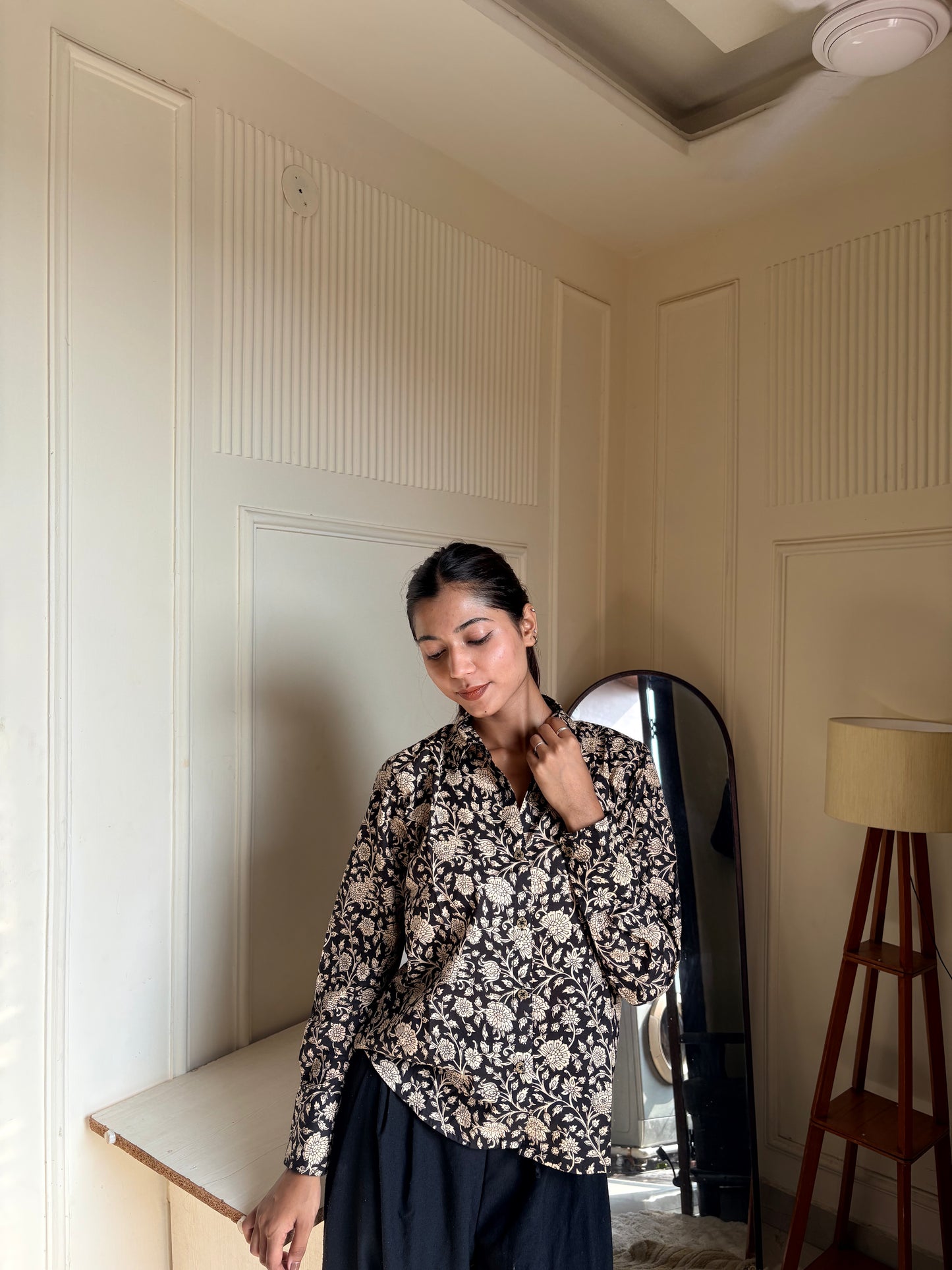 Black & Beige Kalamkari Print Women’s Cotton Shirt