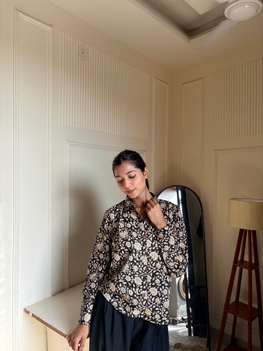 Oversized Black & Beige Kalamkari Print Women’s Cotton Shirt