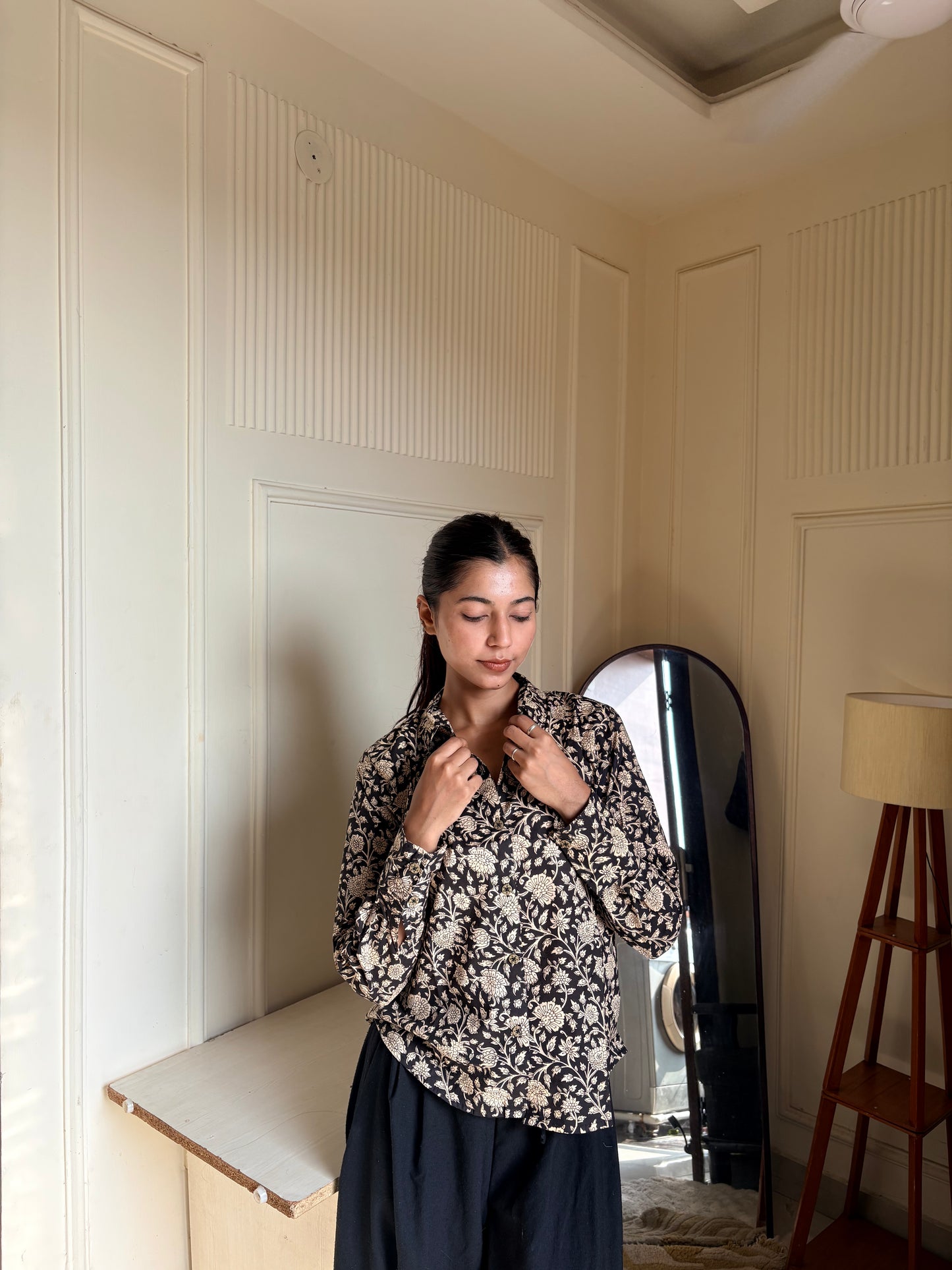 Black & Beige Kalamkari Print Women’s Cotton Shirt