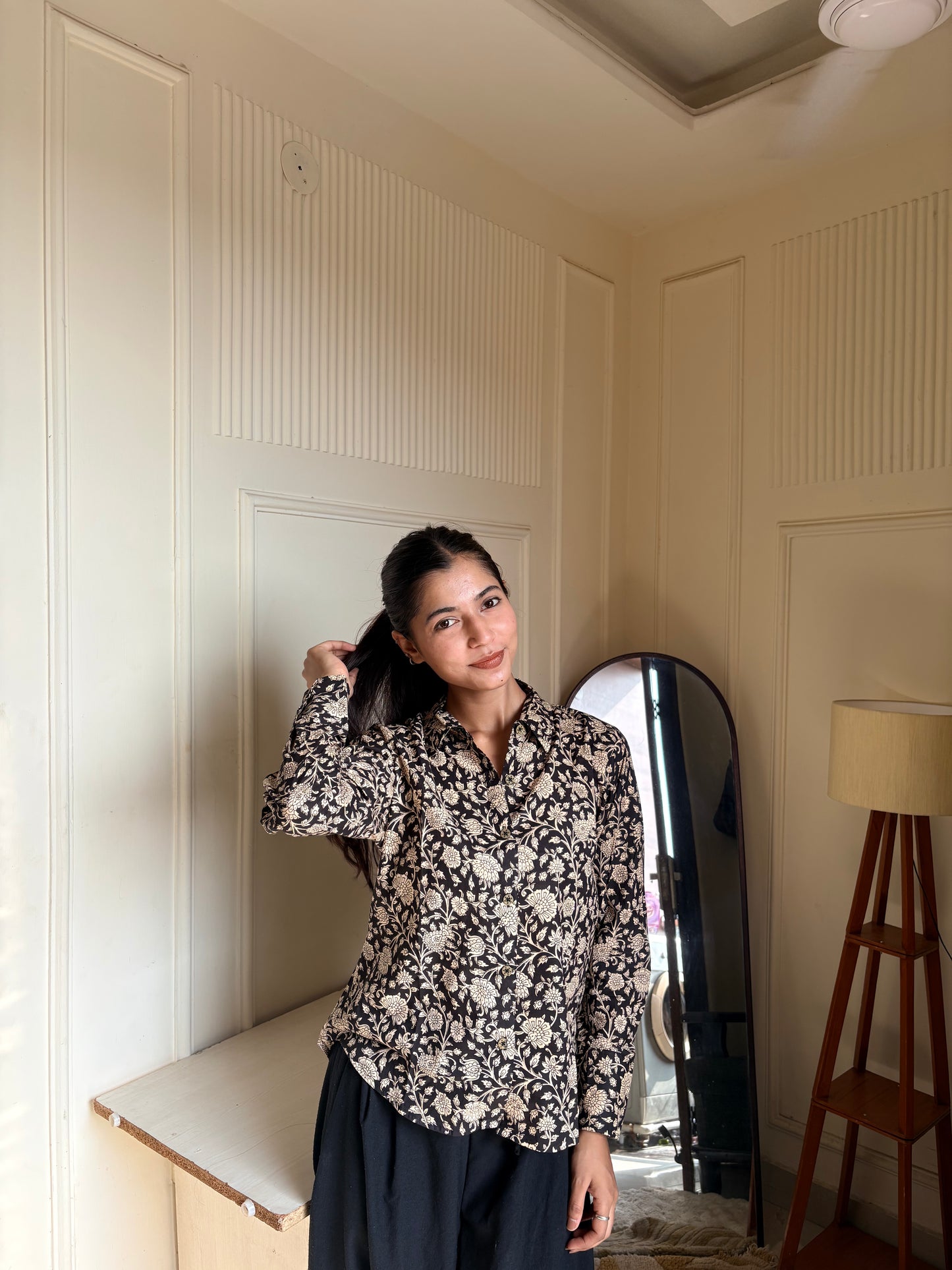 Black & Beige Kalamkari Print Women’s Cotton Shirt